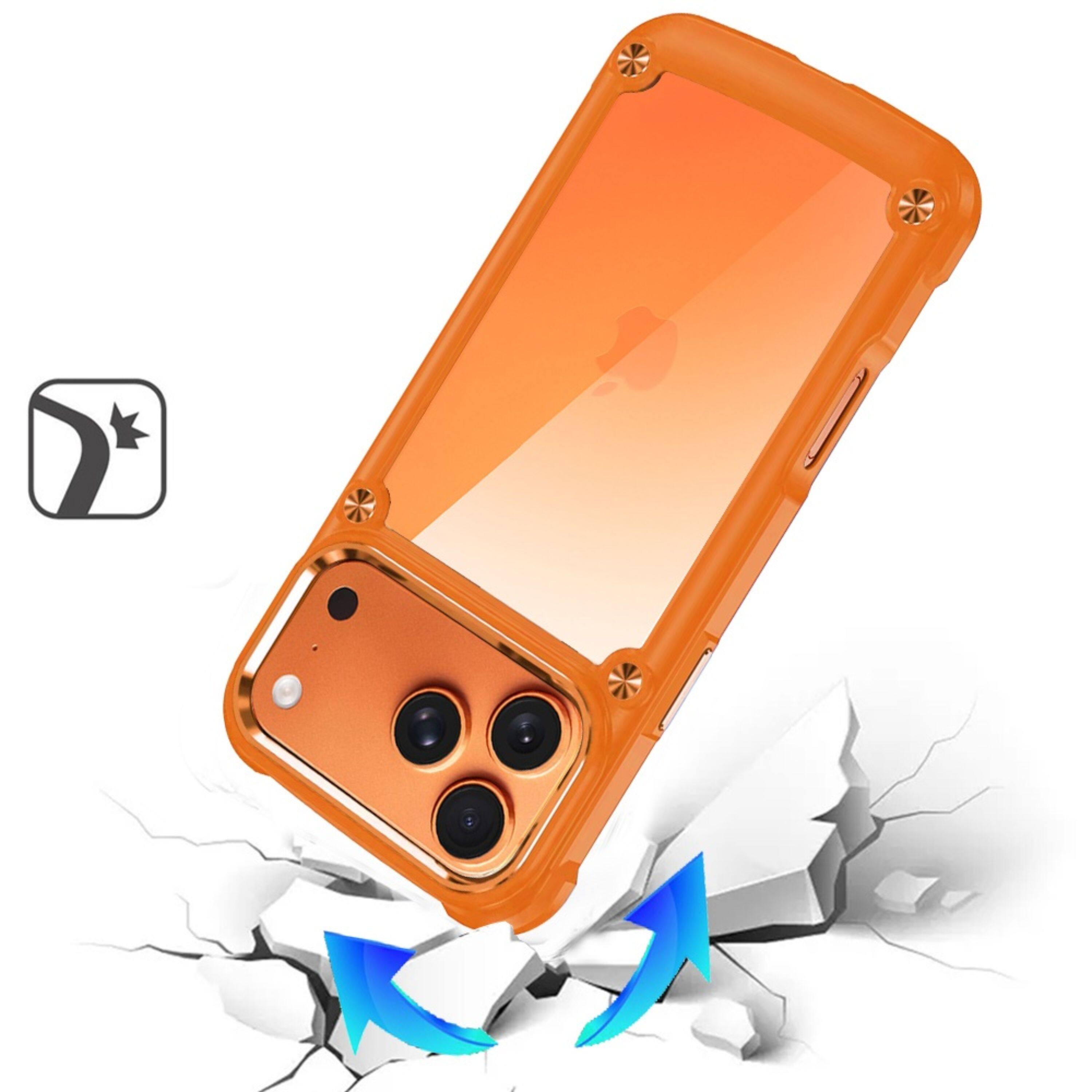 Angle. Kitcheniva - Raised Camera Lip Metal Buttons Phone Case With Tempered Glass For iPhone 17 Pro Cosmic Orange - Cosmic Orange.
