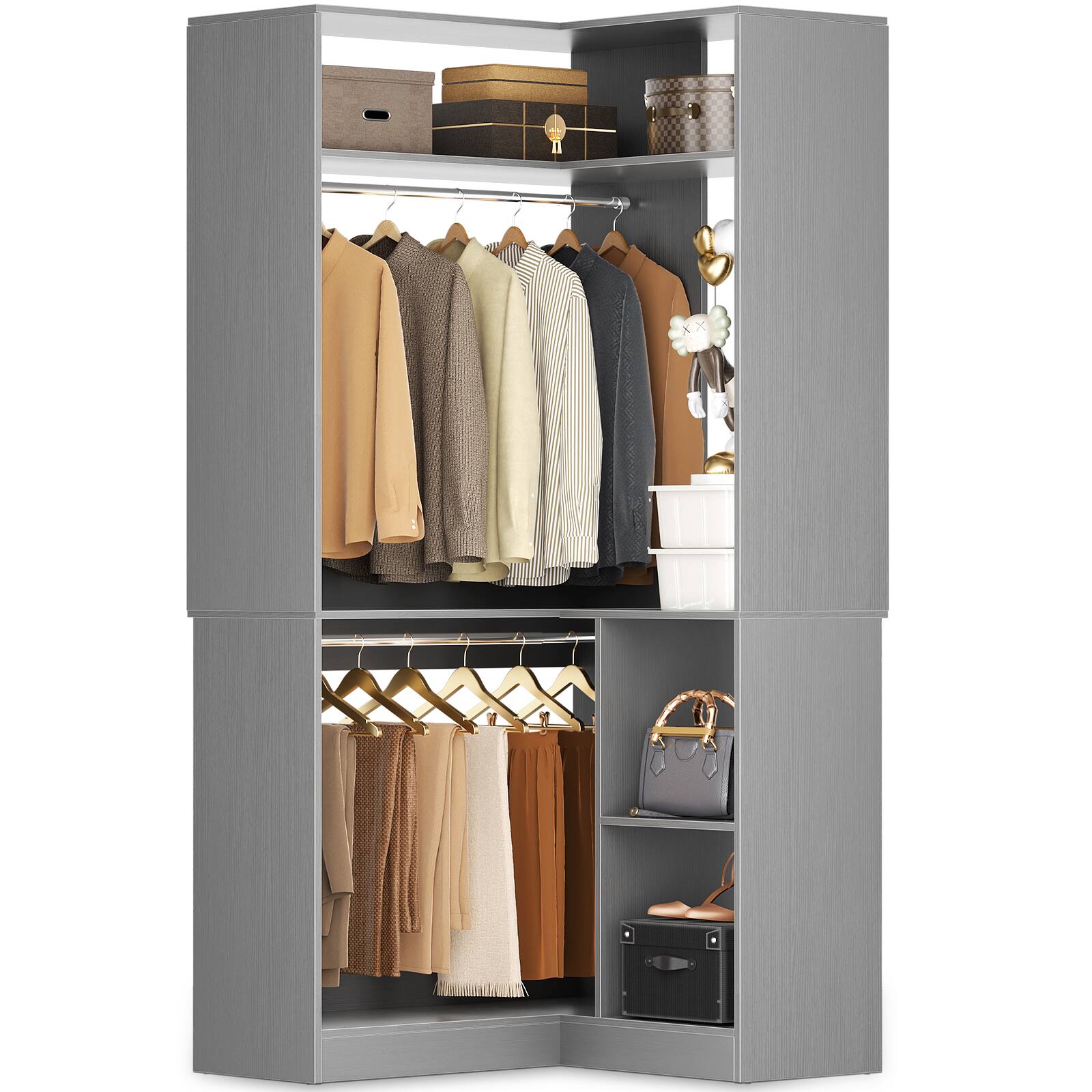 Angle. Aheaplus - Corner Closet System with 2 Hanging Rods, 33.5'' L Shaped Closet Organizer with 6 Shelves for Clothing Storage - Gray.