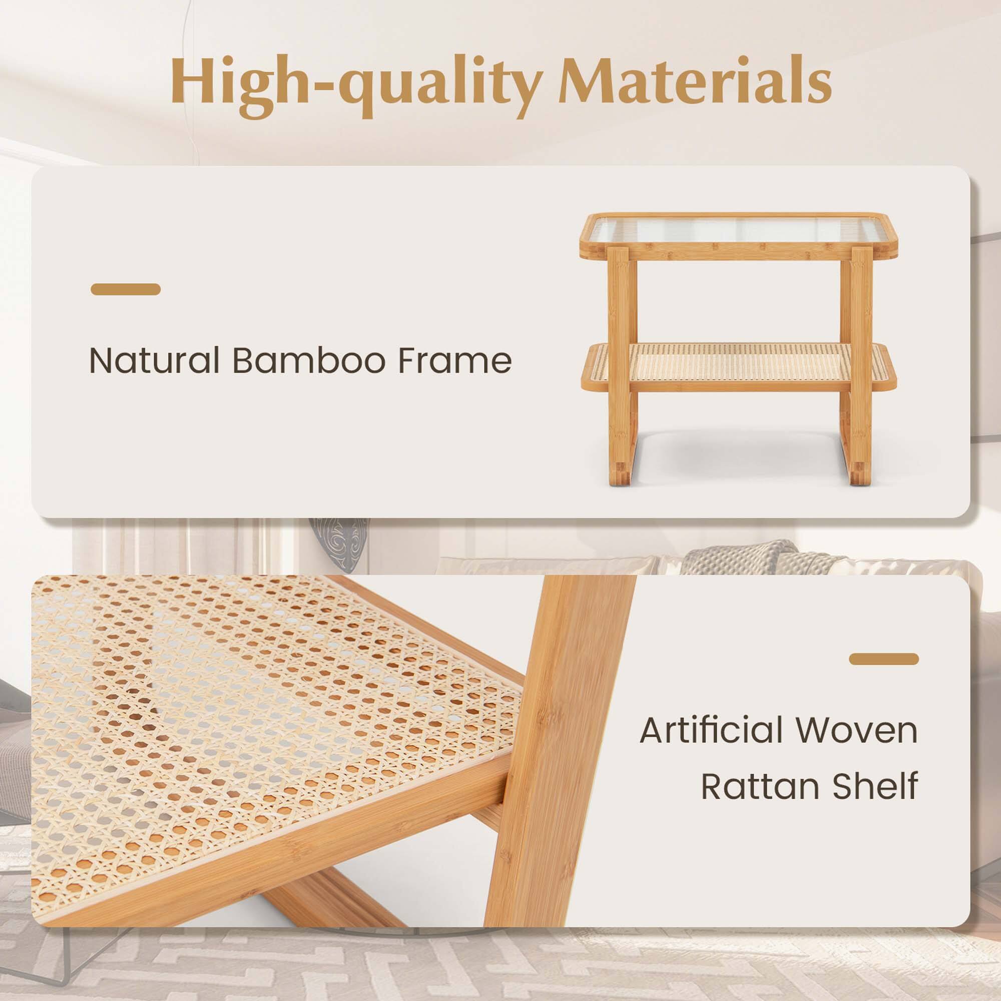 High-quality Materials: Natural Bamboo Frame, Artificial Woven Rattan Shelf