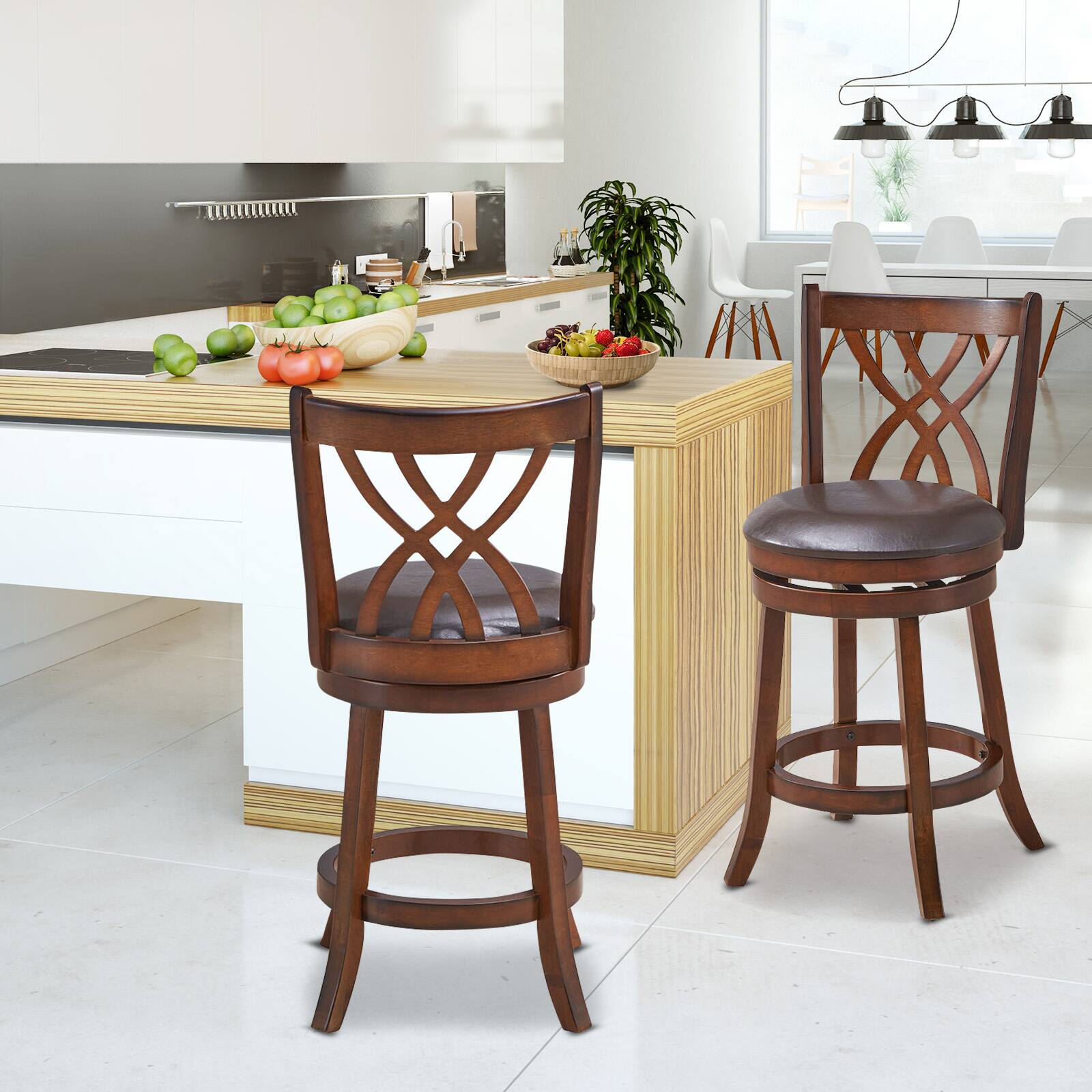 Alt View 1. Ecooso - 360° Swivel Counter Height Bar Stools with PU Cushioned Seat and Footrest for Home - Brown.