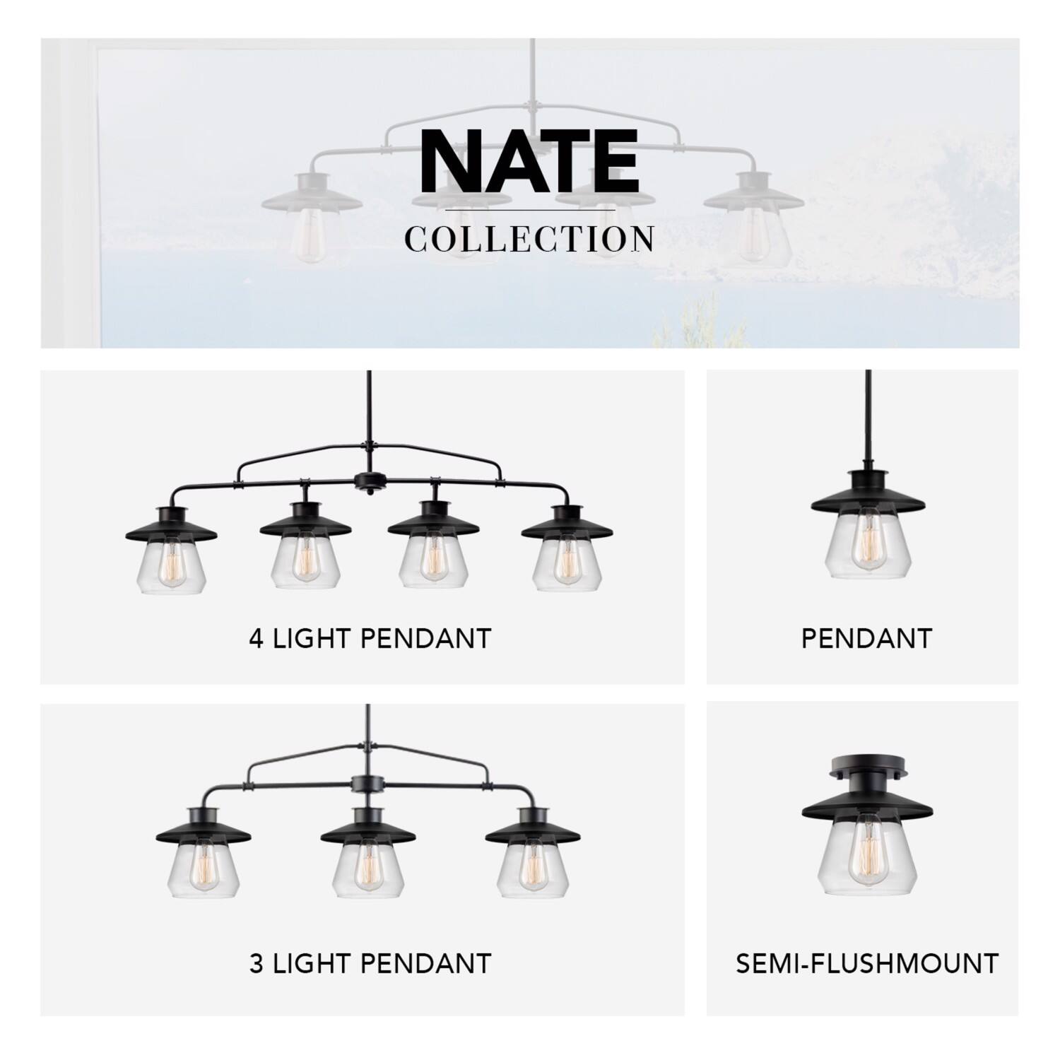NATE COLLECTION

- 4 LIGHT PENDANT
- PENDANT
- 3 LIGHT PENDANT
- SEMI-FLUSHMOUNT