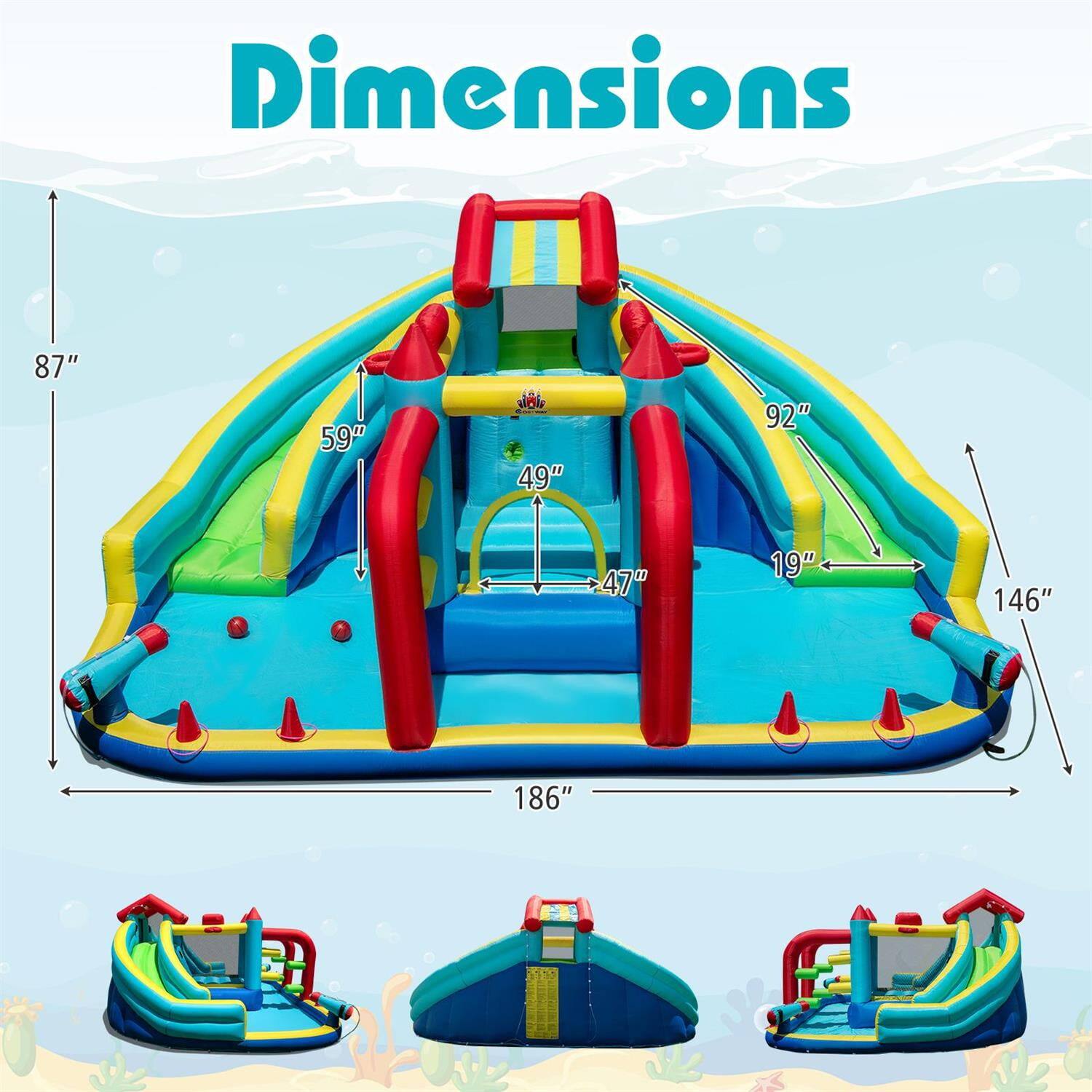Dimensions: 87" x 59" x 49" x 92" x 47" x 19" x 146" x 186"