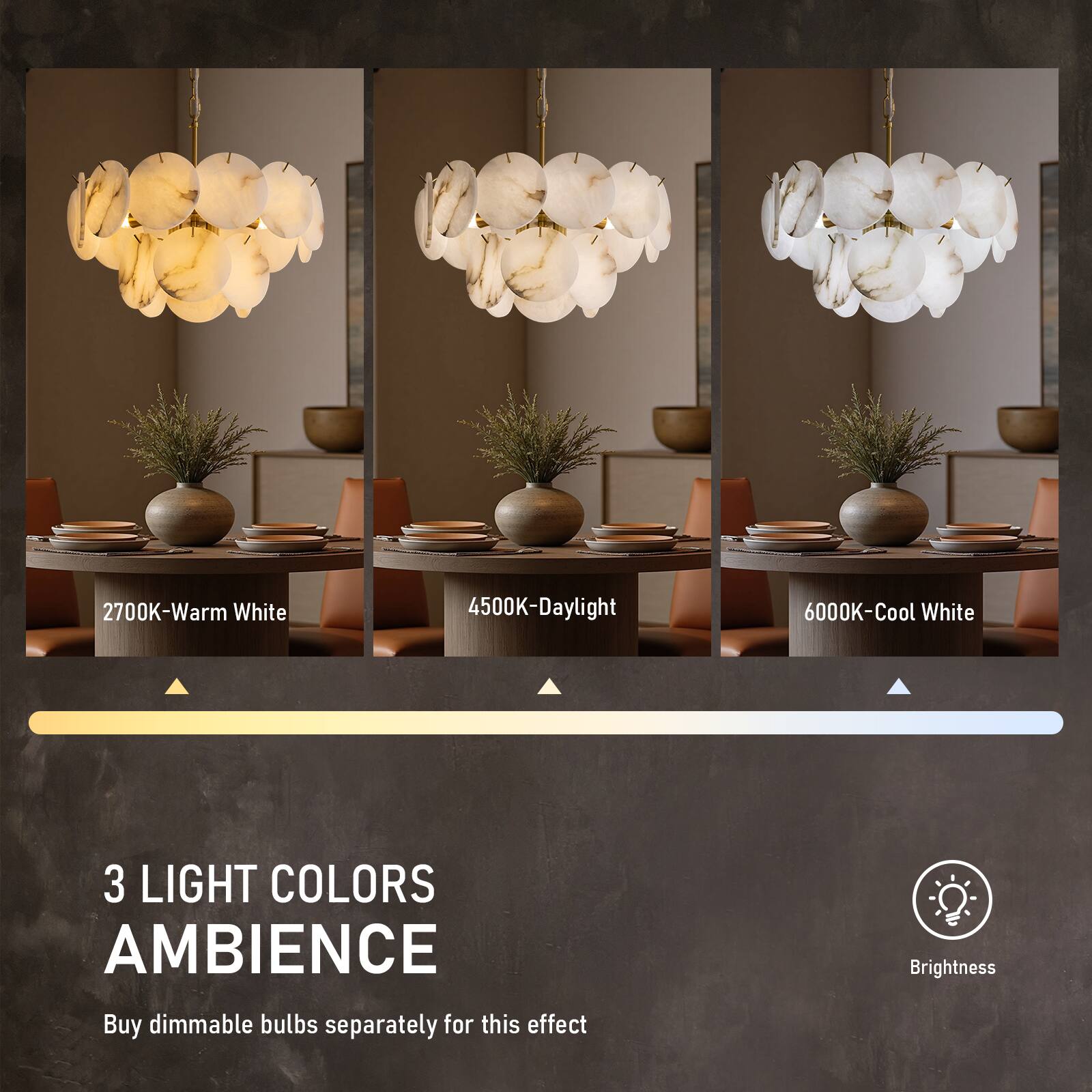 2700K - Warm White  
4500K - Daylight  
6000K - Cool White  

3 LIGHT COLORS AMBIENCE  

Buy dimmable bulbs separately for this effect  

Brightness