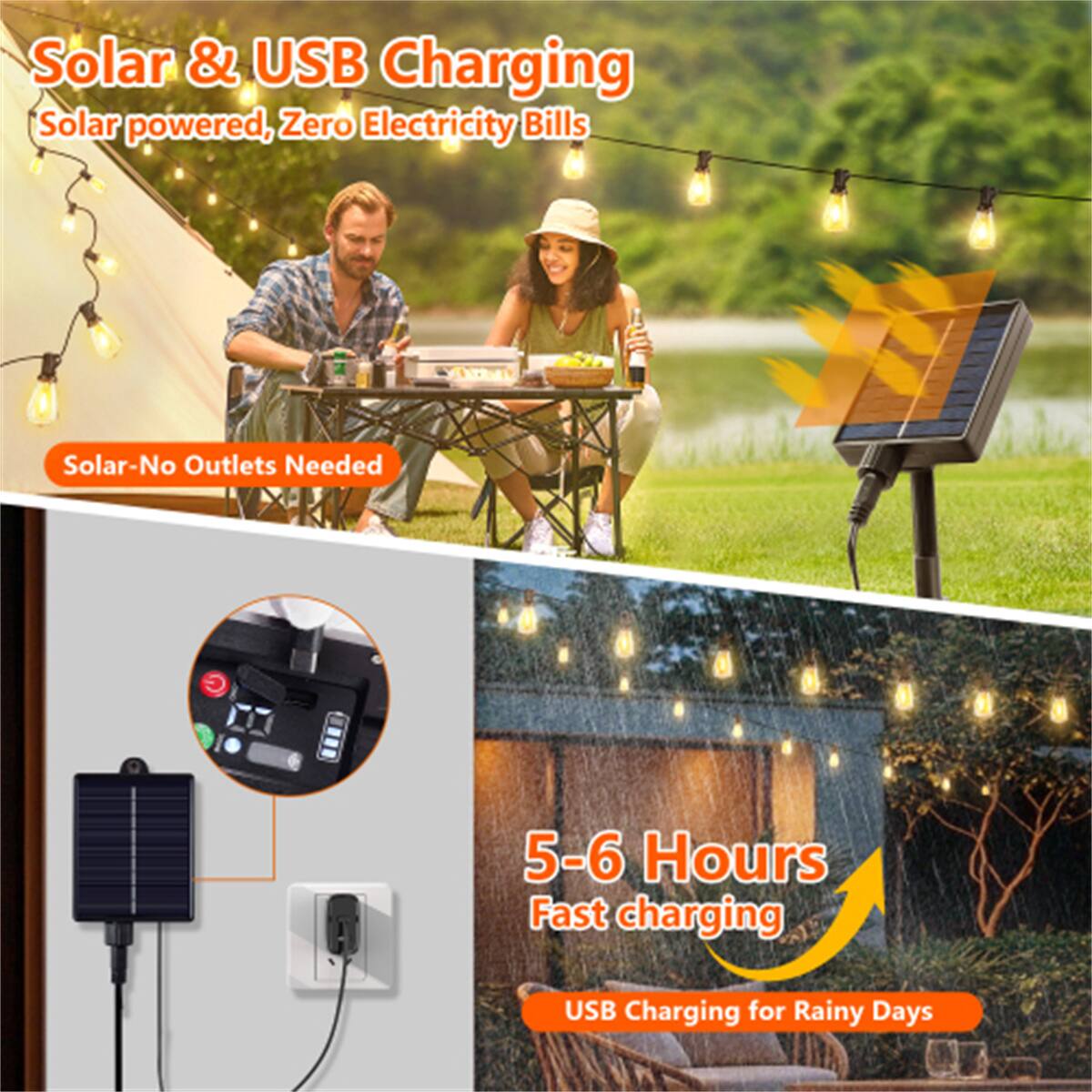 Solar & USB Charging  
Solar powered, Zero Electricity Bills  
Solar-No Outlets Needed  

5-6 Hours Fast charging  
USB Charging for Rainy Days