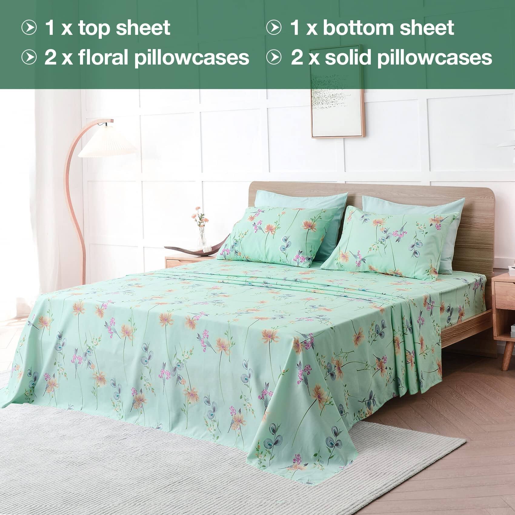 1 x top sheet  
2 x floral pillowcases  
1 x bottom sheet  
2 x solid pillowcases