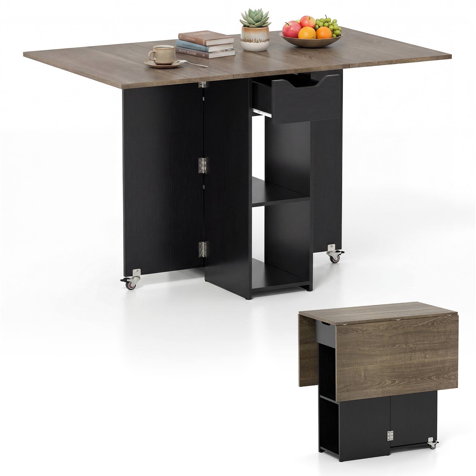 Alt View 9. Gymax - Gymax Folding Dining Table for 2-4 w/2 Open Shelves Drawer 2 Lockable Universal Wheels - Gray.