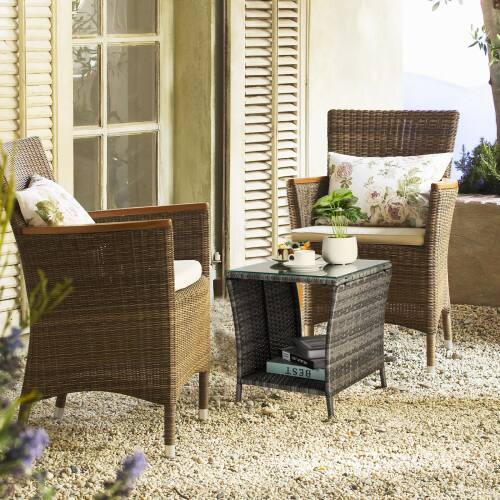 Alt View 10. Winado - 18in Wicker Side Table with Tempered Glass Top, Storage Rattan End Table for Indoor Outdoor Garden Balcony Porch Deck - Grey.
