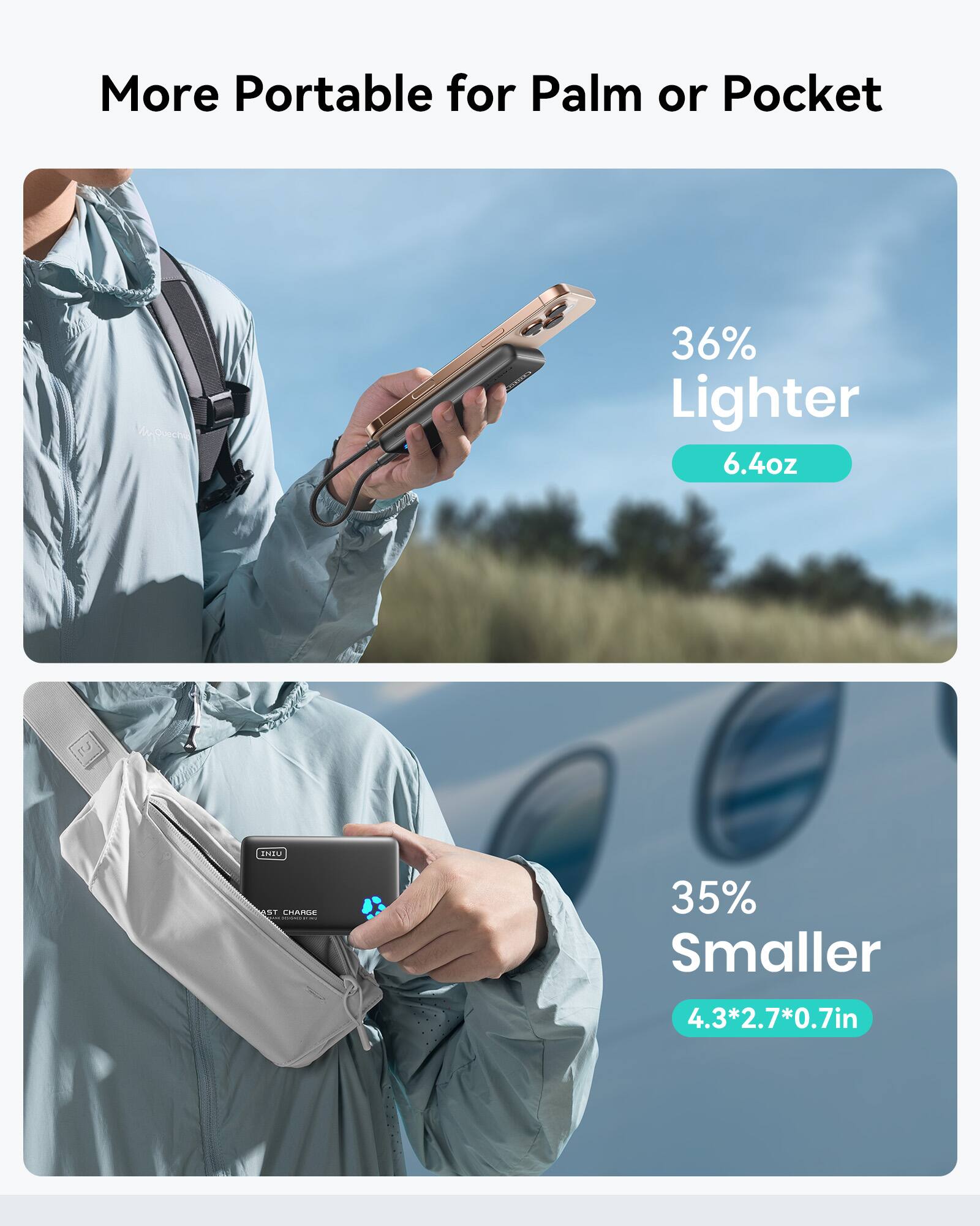 More Portable for Palm or Pocket

36% Lighter  
6.4oz

35% Smaller  
4.3*2.7*0.7in