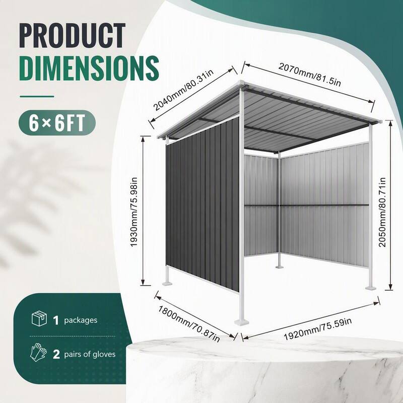 PRODUCT DIMENSIONS  
6x6FT  
2040mm/80.31in  
1930mm/75.98in  
1800mm/70.87in  
2070mm/81.5in  
1920mm/75.59in  
2050mm/80.71in  

1 packages  
2 pairs of gloves