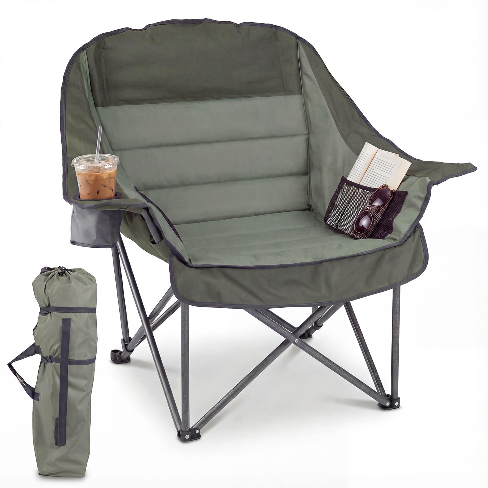 Costway - Oversized Camping Chair Folding Upholstered Oxford Chair with Side Pockets - Green