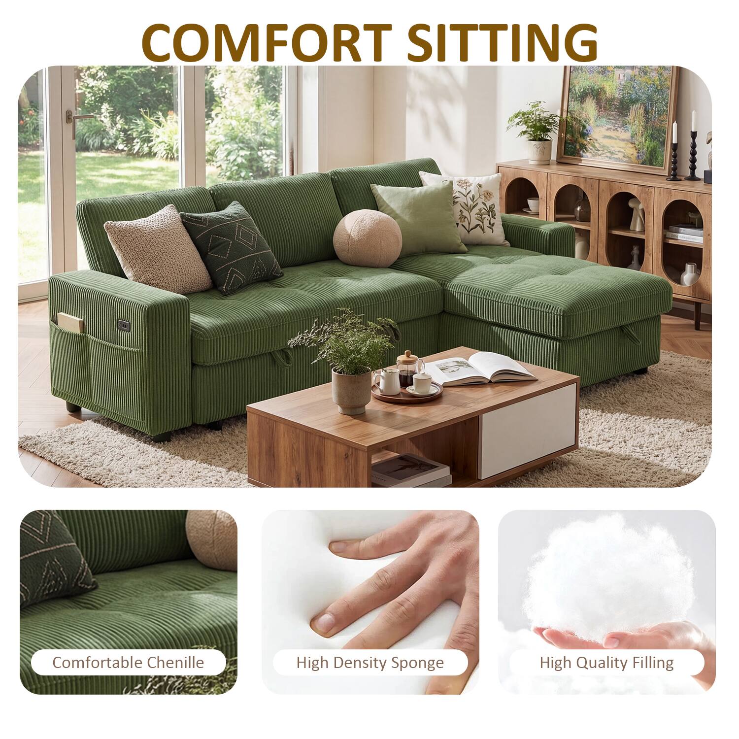 COMFORT SITTING

Comfortable Chenille  
High Density Sponge  
High Quality Filling