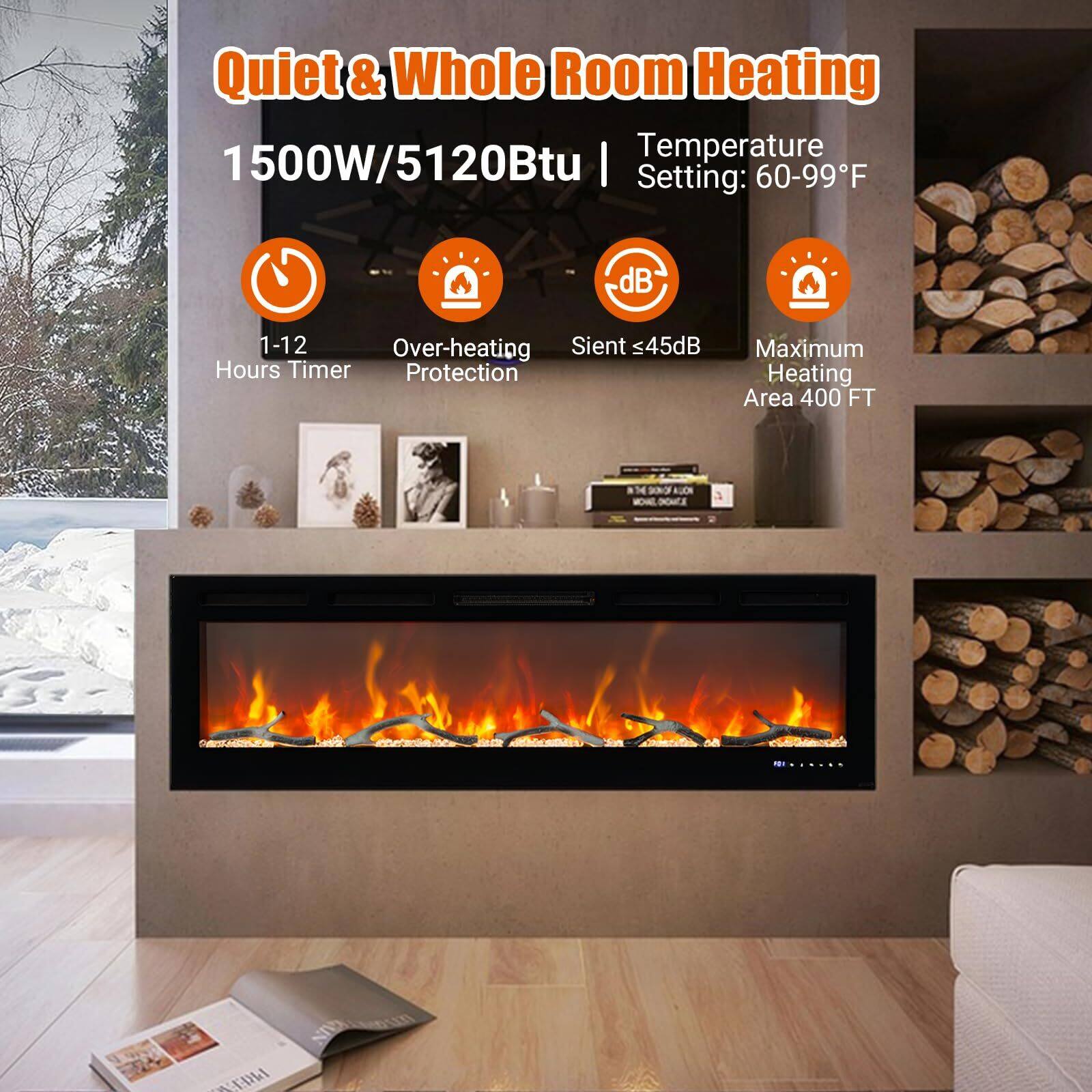 Quiet & Whole Room Heating  
1500W/5120Btu  
Temperature Setting: 60-99°F  
1-12 Hours Timer  
Over-heating Protection  
Sient ≤ 45dB  
Maximum Heating Area 400 FT