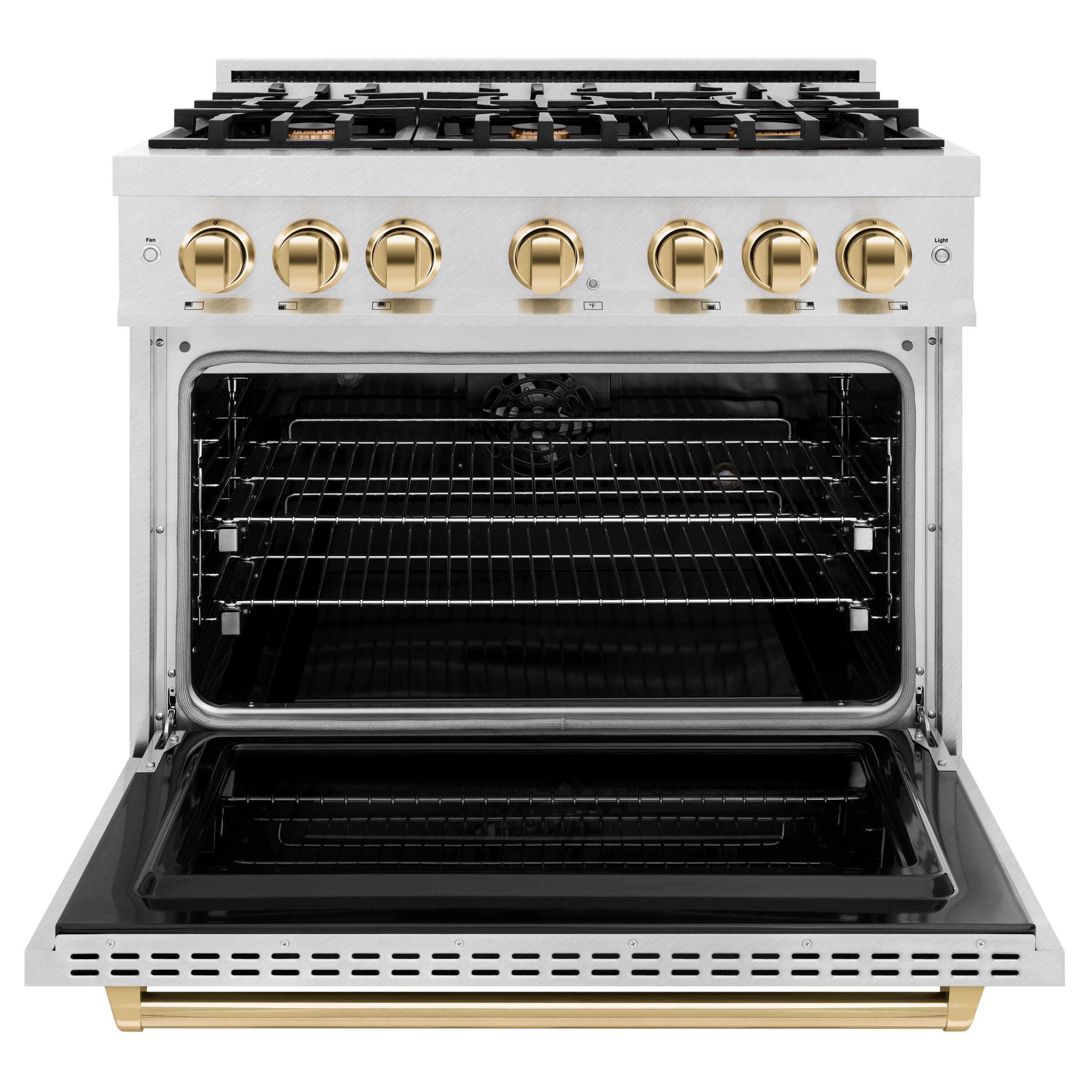 Angle. ZLINE - ZLINE Autograph 36 in. Classic Dual Fuel Satin Steel Range w/ 6 Burners & Gold Accents (CDRSZ-36-G) - Stainless Steel.