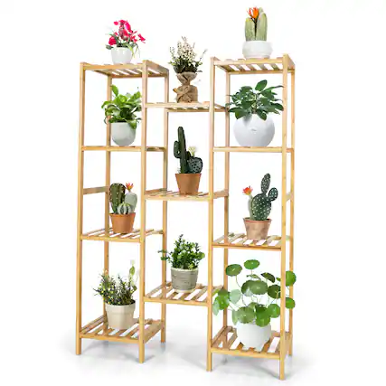 Front. Costway - Bamboo 11-Tier Plant Stand Utility Shelf Free Standing Storage Rack Pot Holder - Natural.