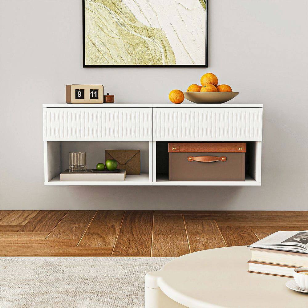 Alt View 6. Kadyn - Twist-Textured Double-Mounted Wall-Mounted Floating Nightstand with Drawer for Bedroom - White - White.