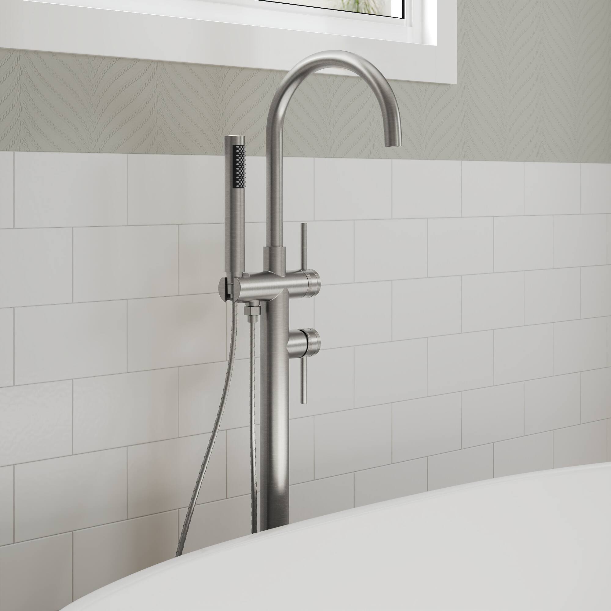 Alt View 9. GRANDJOY - Freestanding Bathtub Faucet with Hand Shower and Floor Mount Installation, Modern Design - Brushed Nickel.