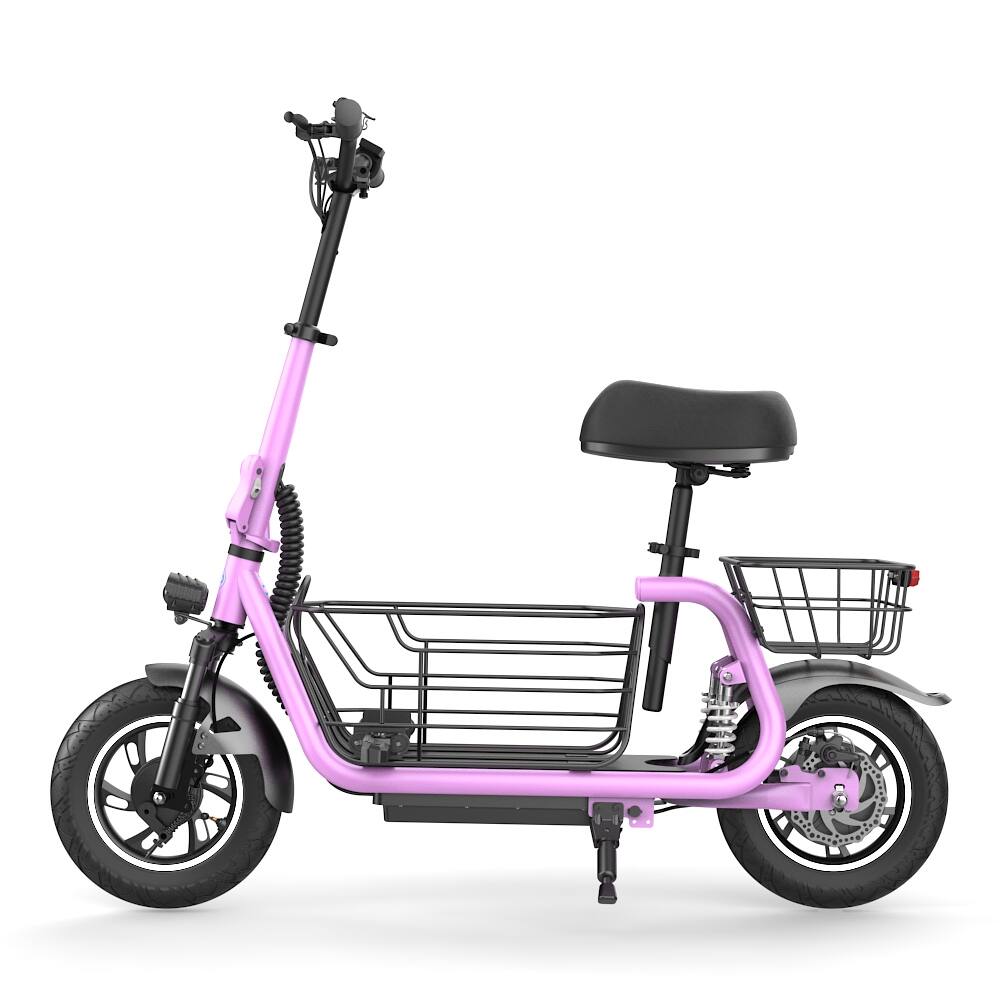 Left. MIHOVER - 500W Electric Scooter with Seat for Adults, 19 MPH, 12-Inch Tires, Dual Shock Absorbers, 36V 10.4Ah, 265lb. Capacity - Pink.