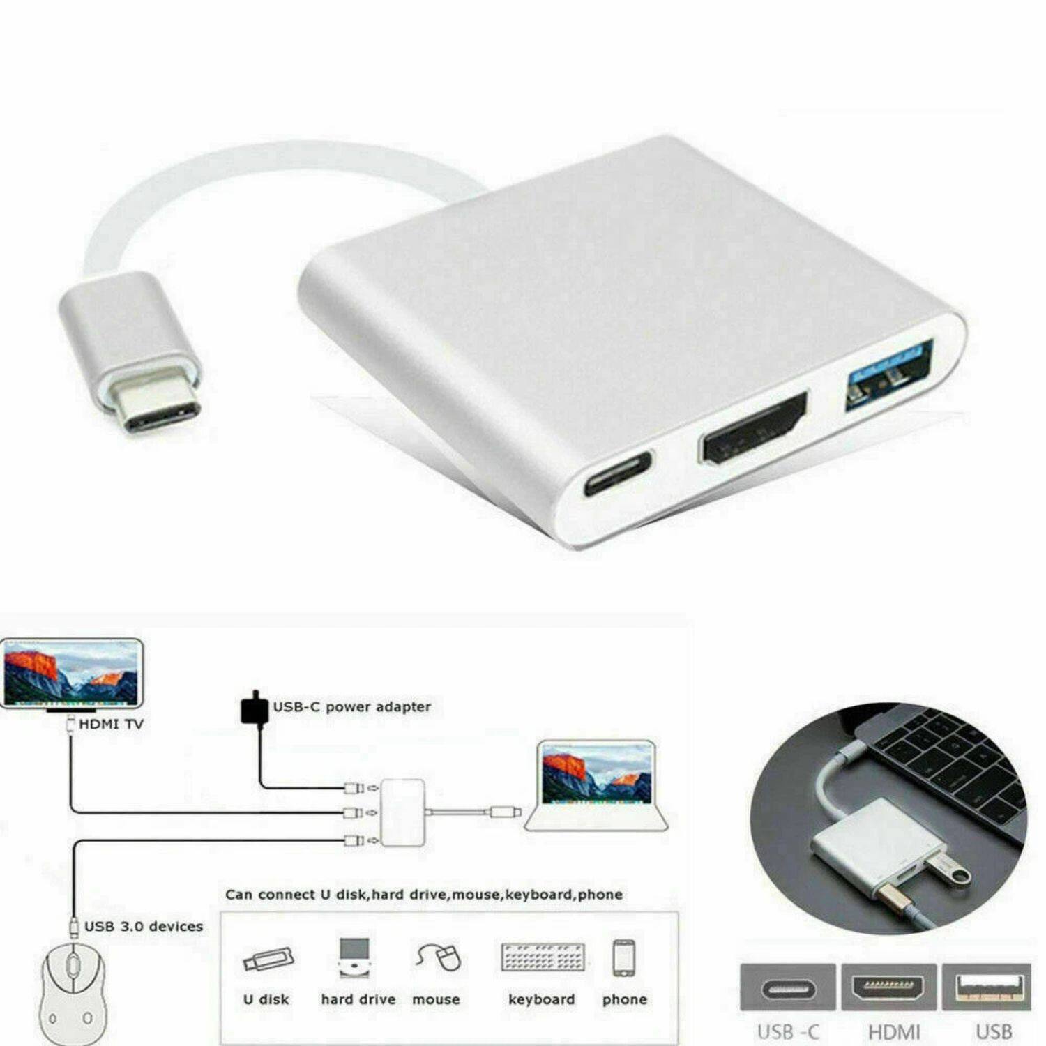 HDMI TV USB-C power adapter

Can connect U disk, hard drive, mouse, keyboard, phone

USB 3.0 devices:
- U disk
- Hard drive
- Mouse
- Keyboard
- Phone

USB-C power adapter

USB-C HDMI USB