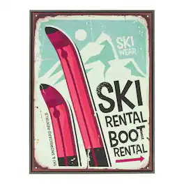 BreeBe - Framed Ski Lodge Wall Sign 15.5"H - White, Blue, Red
