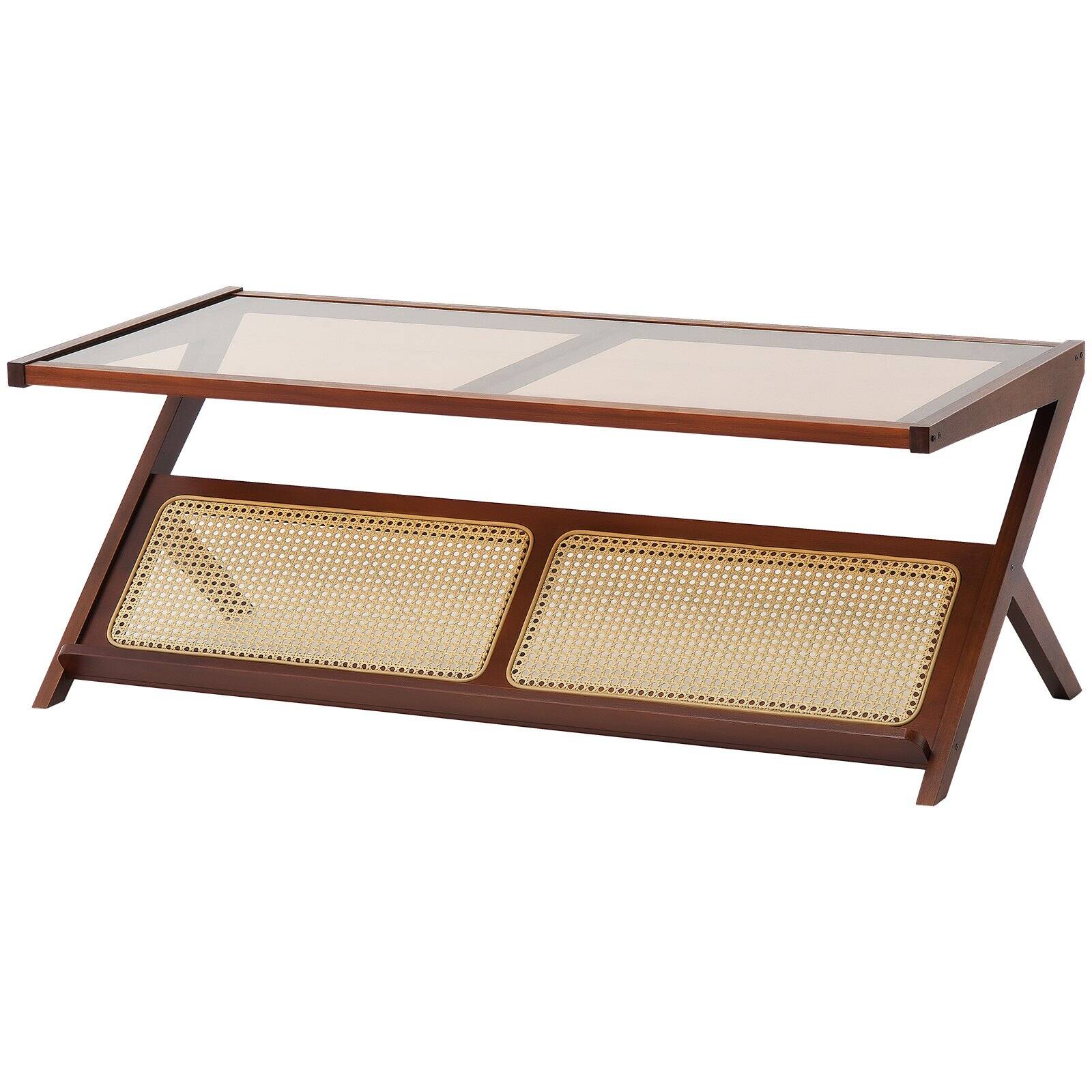 Alt View 8. Glintex - Rattan Coffee Table, Z-Shaped Bamboo Woven Center Table with Tempered Glass Top and Storage for Living Room - Walnut.