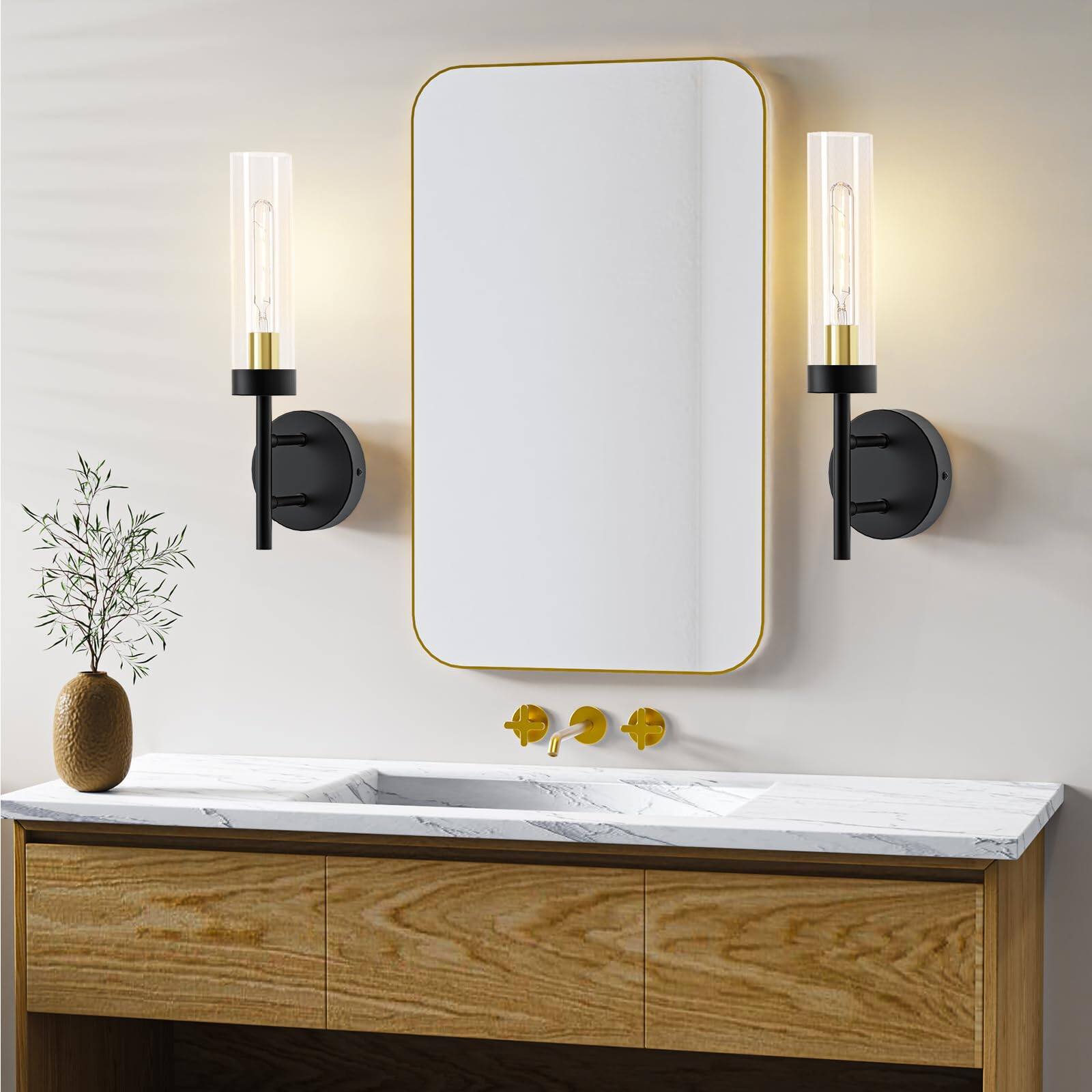 Angle. E.P. Light - Set of 2 Modern Wall Sconces with Glass Lampshade - Black & Gold.
