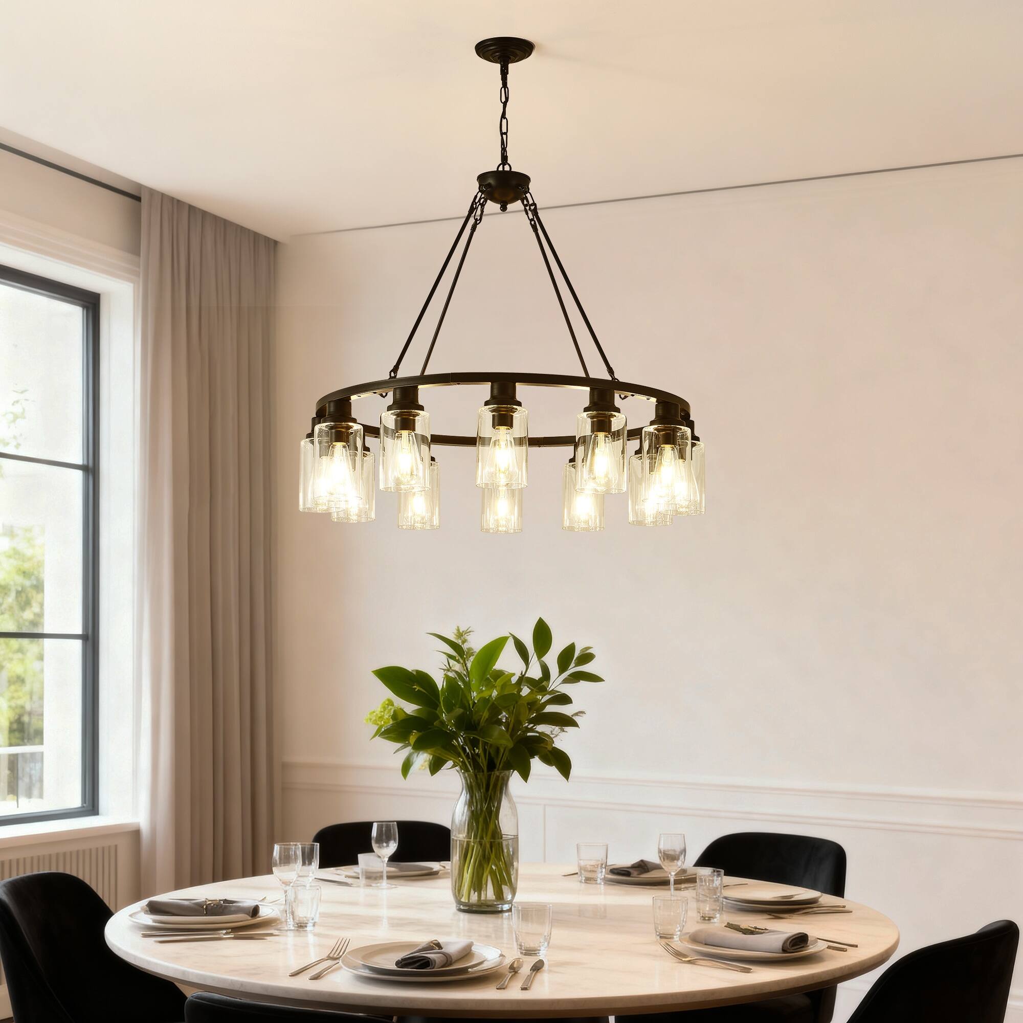Alt View 1. Boyel Living - Black Wagon Wheel Chandelier 31.5 Inch Modern Farmhouse Glass Pendant Light 12 Light Ceiling Hanging Lighting Fixtures.