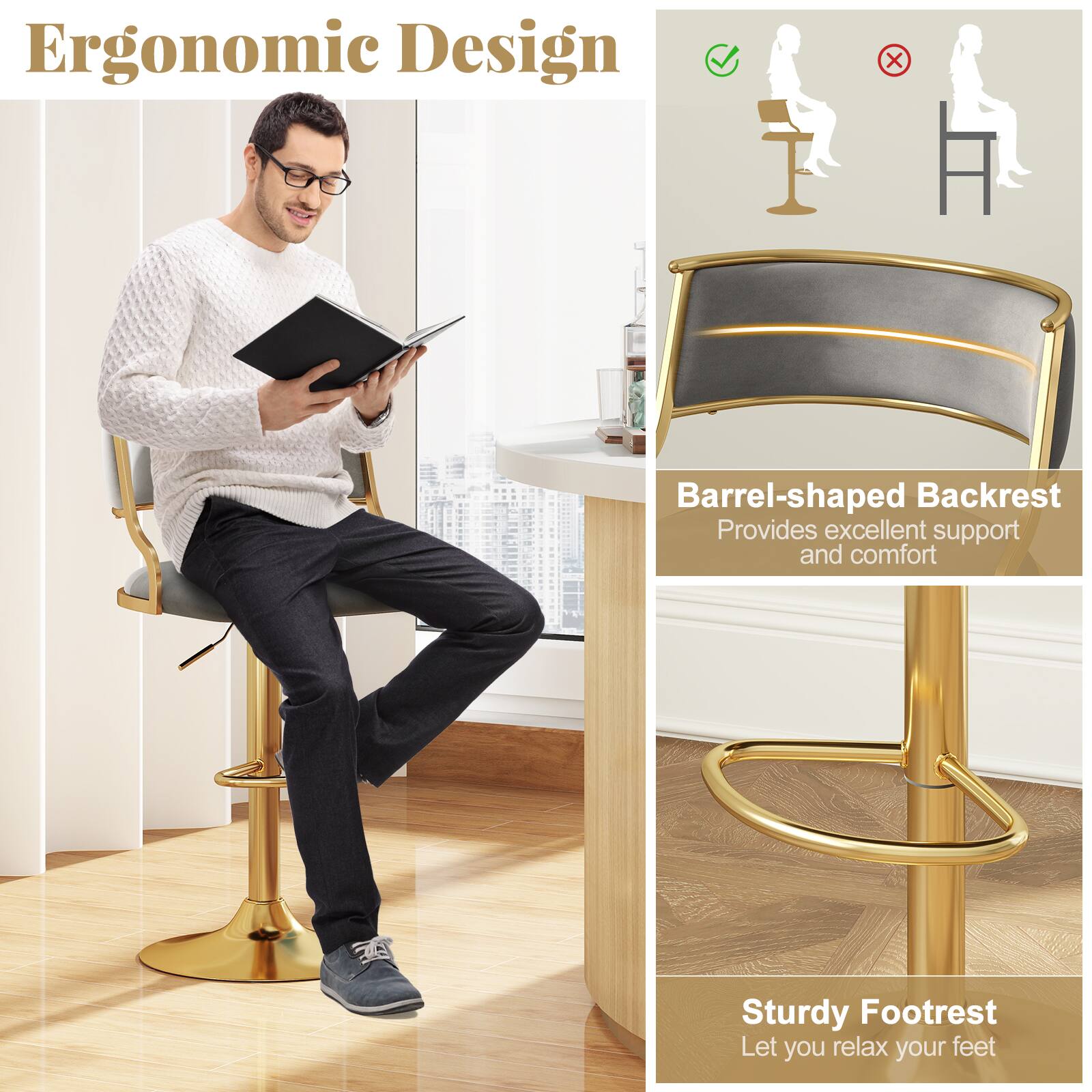 Ergonomic Design

Barrel-shaped Backrest  
Provides excellent support and comfort

Sturdy Footrest  
Let you relax your feet