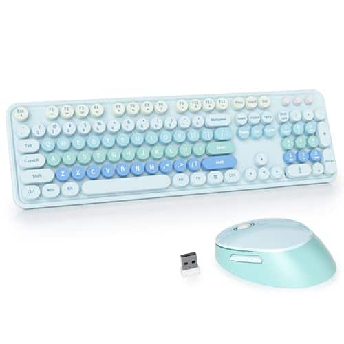Stamp n Camp - Gtsp Colorful Pink Wireless And Mouse Combo Typewriter Full-size Retro Cute Office hz With Round Keycaps For Desktop - Cute Blue