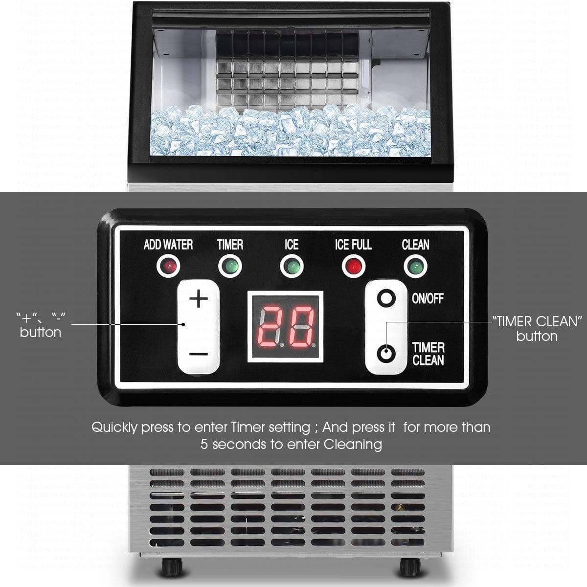 The image features a black appliance with a timer setting and a clean button. The timer setting allows for quick access to the timer, while the clean button initiates the cleaning process. The appliance is designed to be user-friendly and efficient, with the timer and clean buttons prominently displayed for easy access.