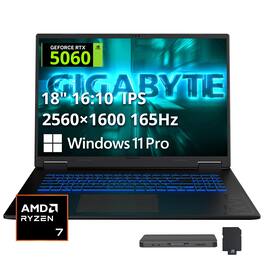 GIGABYTE - Upgraded - GAMING A18 18" Gaming Laptop,AMD Ryzen 7 260,GeForce RTX 5060,32GB,2TB SSD+1TB Dock Set,Backlit,Win 11 Pro - Black