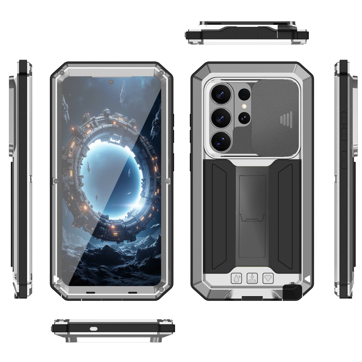 Angle. UUCOVER - Rugged Heavy Duty Case for Samsung Galaxy S25 Ultra with Screen Protector Shockrpoof Metal+TPU Sliding Lens Stand Cover - Silver.