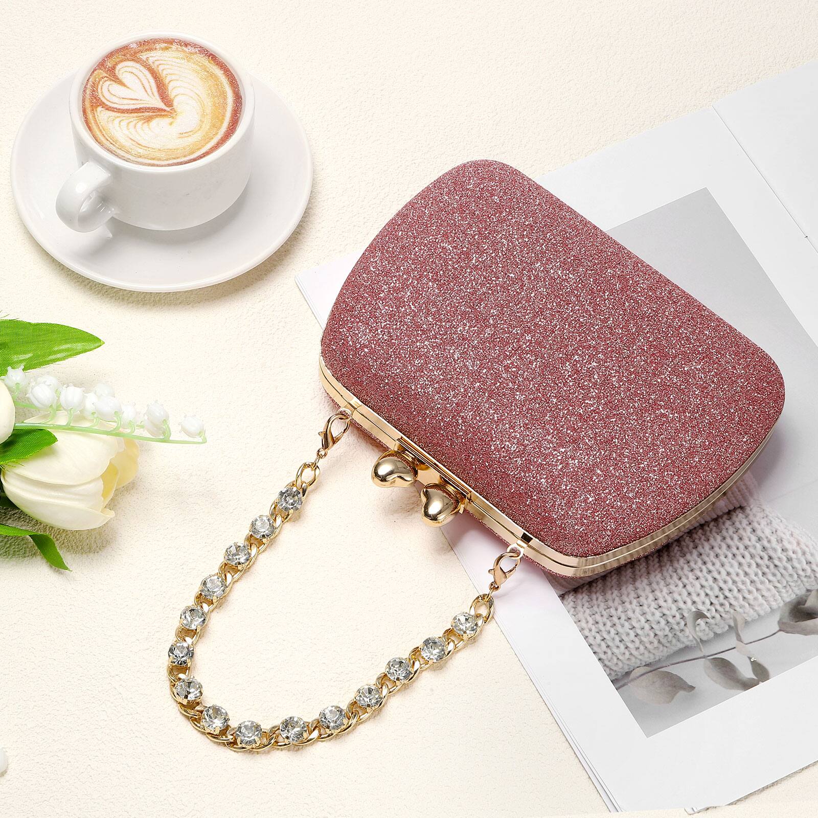 Alt View 5. Unique Bargains - Sparkly Evening Clutch Purse for Women, Vintage Heart Shape Buckle Clasp Handbag for Bridal Wedding 1920s Party - Pink.