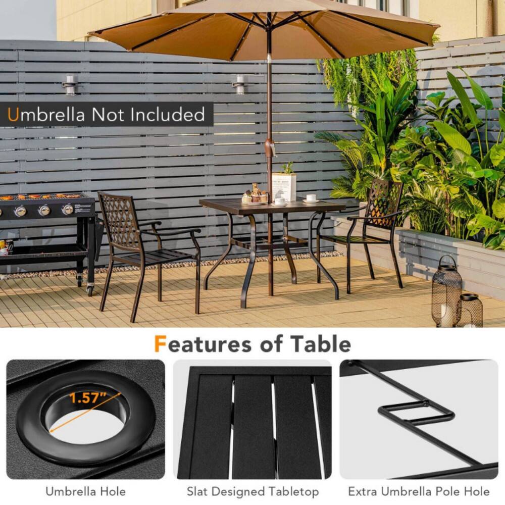 Umbrella Not Included

Features of Table

1.57" Umbrella Hole  
Slat Designed Tabletop  
Extra Umbrella Pole Hole