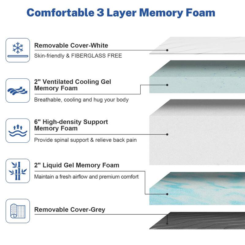 Comfortable 3 Layer Memory Foam

- Removable Cover-White  
  Skin-friendly & FIBERGLASS FREE

- 2" Ventilated Cooling Gel Memory Foam  
  Breathable, cooling and hug your body

- 6" High-density Support Memory Foam  
  Provide spinal support & relieve back pain

- 2" Liquid Gel Memory Foam  
  Maintain a fresh airflow and premium comfort

- Removable Cover-Grey