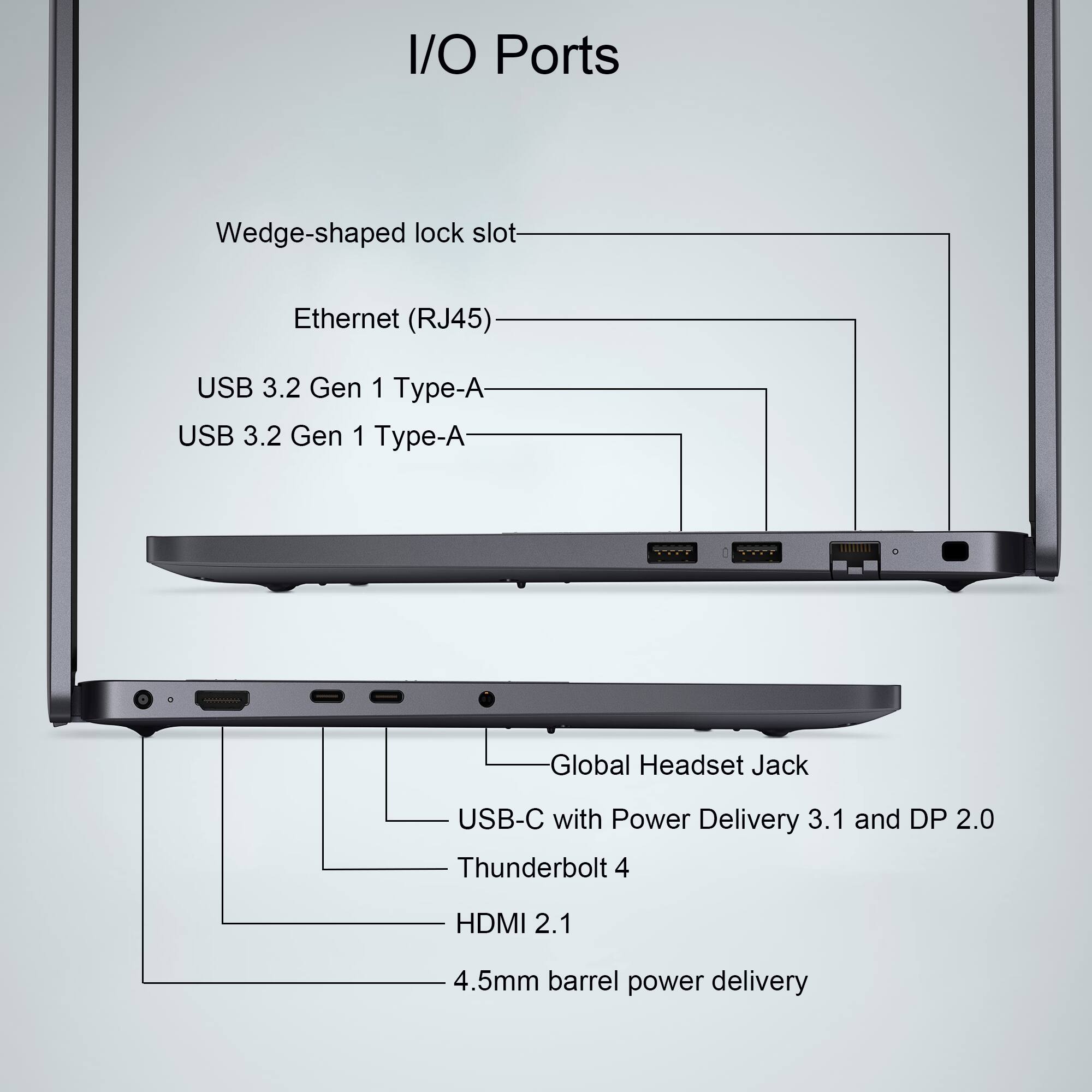 I/O Ports

- Wedge-shaped lock slot
- Ethernet (RJ45)
- USB 3.2 Gen 1 Type-A
- USB 3.2 Gen 1 Type-A
- Global Headset Jack
- USB-C with Power Delivery 3.1 and DP 2.0
- Thunderbolt 4
- HDMI 2.1
- 4.5mm barrel power delivery