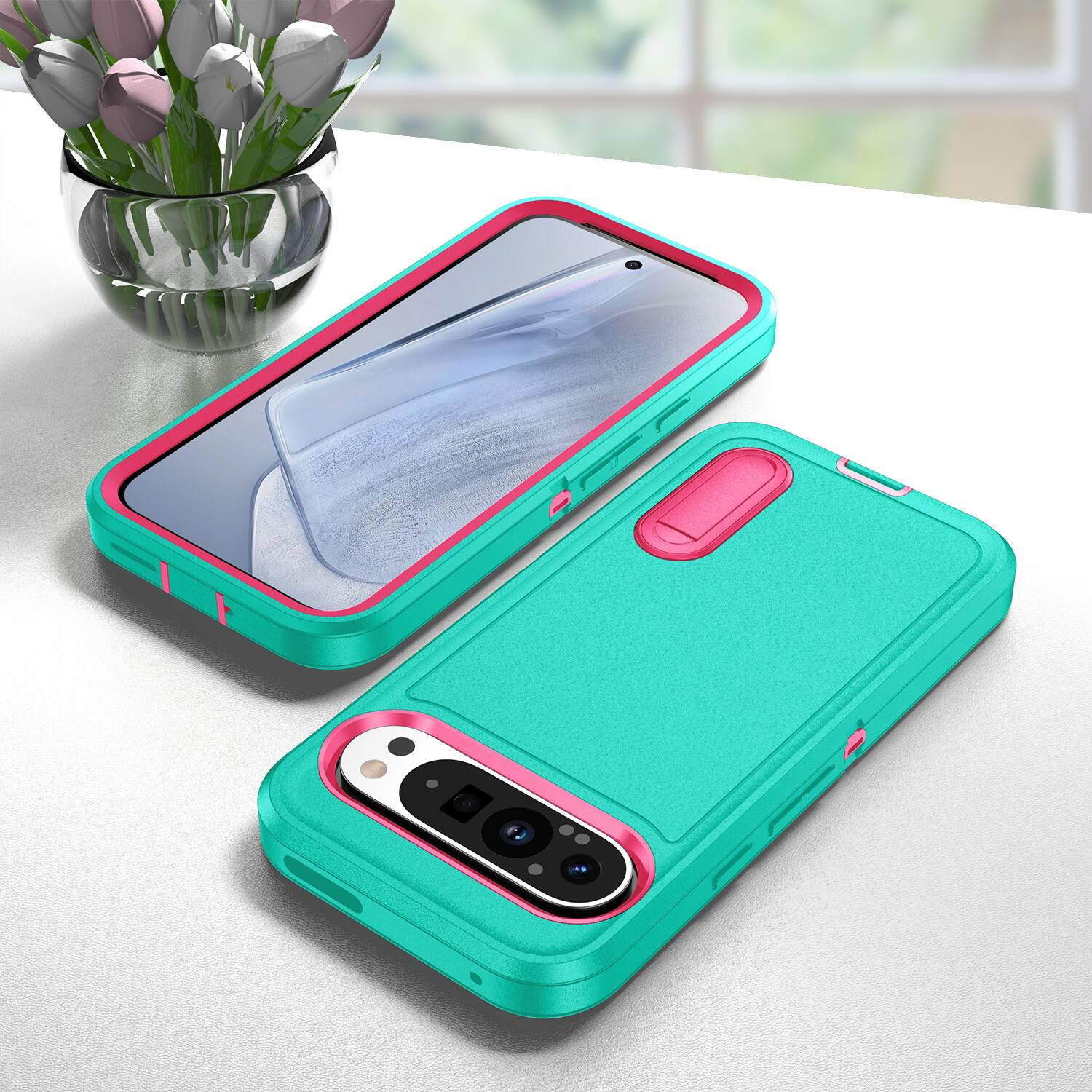 Alt View 3. Dteck - Heavy Duty Case for Google Pixel 9 Pro XL w/ Foldable Kickstand,Dual-Layer Shockproof Hard PC Soft Silicone Cover - Mint/Rose.