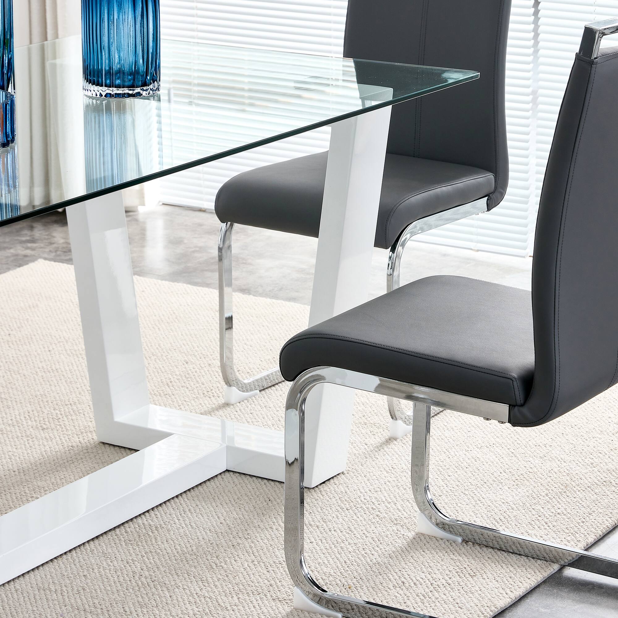 Alt View 9. Tiramisubest - Modern Minimalist Rectangular Dining Table for 6-8 with Tempered Glass Tabletop and white MDF Trapezoid Bracket - Transparent,White.