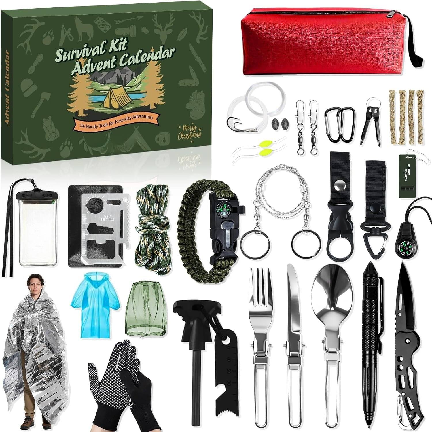 Dapper Styles - 2025 Advent Calendar Survival Kit - 24 Days Christmas Countdown Gift for Outdoor Adventure Camping Fishing Hunting - Default