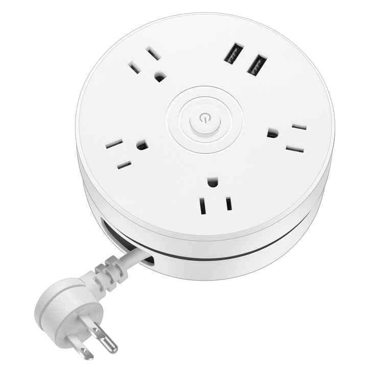 Cluzine - Round Portable Power Strip with Extension Cord, 2 USB Charging Ports, Travel-Friendly Power Outlet Adapter - White