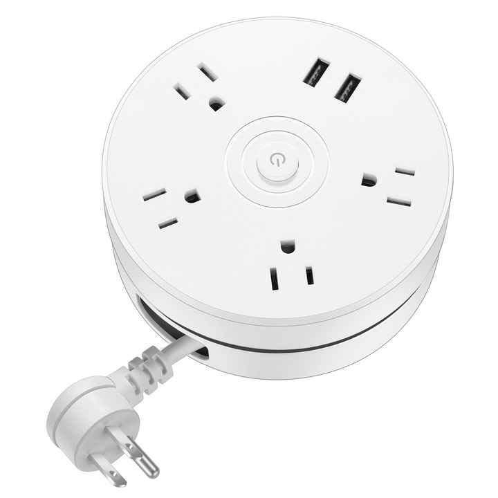 Front. Cluzine - Round Portable Power Strip with Extension Cord, 2 USB Charging Ports, Travel-Friendly Power Outlet Adapter - White.