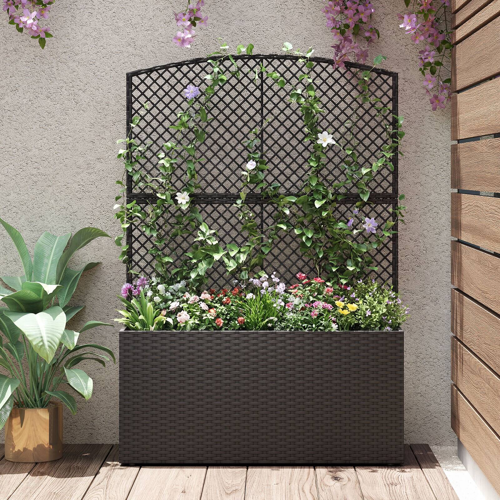 Alt View 1. Costway - Costway 1 PCS 58" Raised Garden Bed with Trellis, Wicker Planter Box with Privacy Screen - Black.