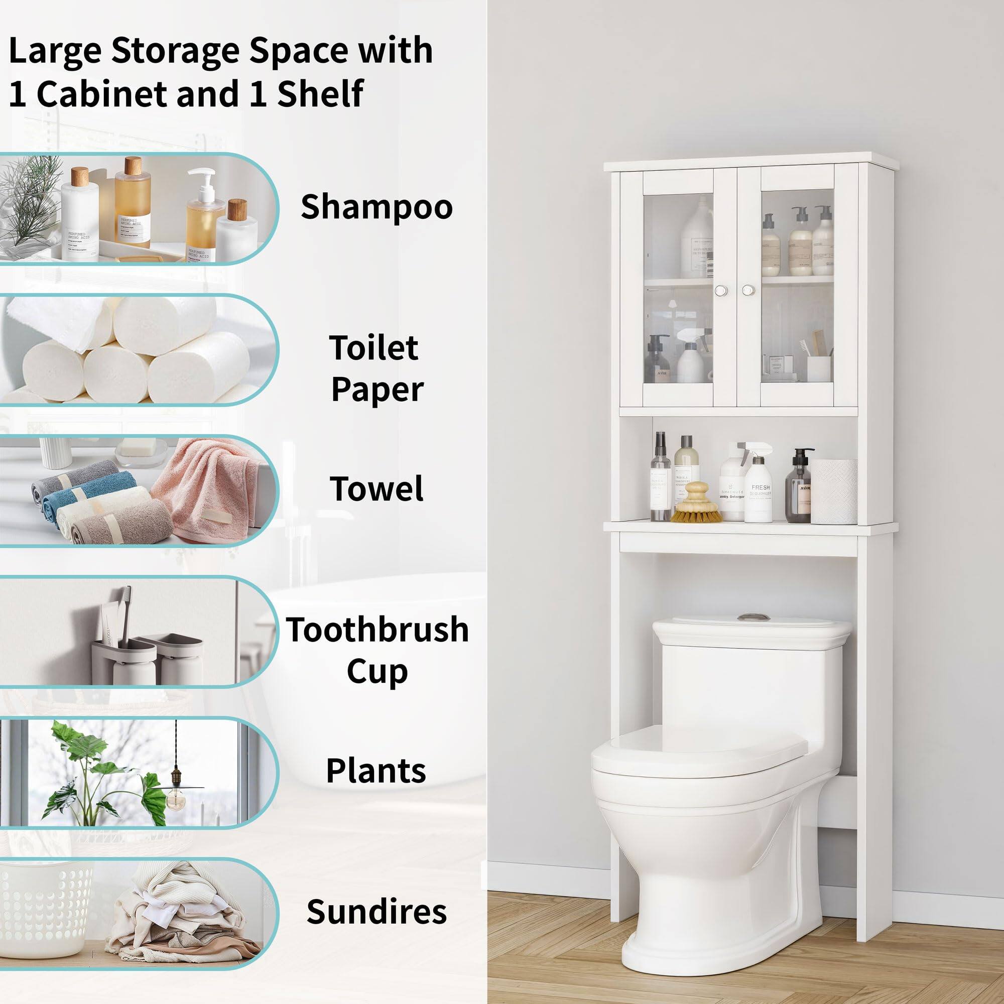 Large Storage Space with 1 Cabinet and 1 Shelf

- Shampoo
- Toilet Paper
- Towel
- Toothbrush Cup
- Plants
- Sundires