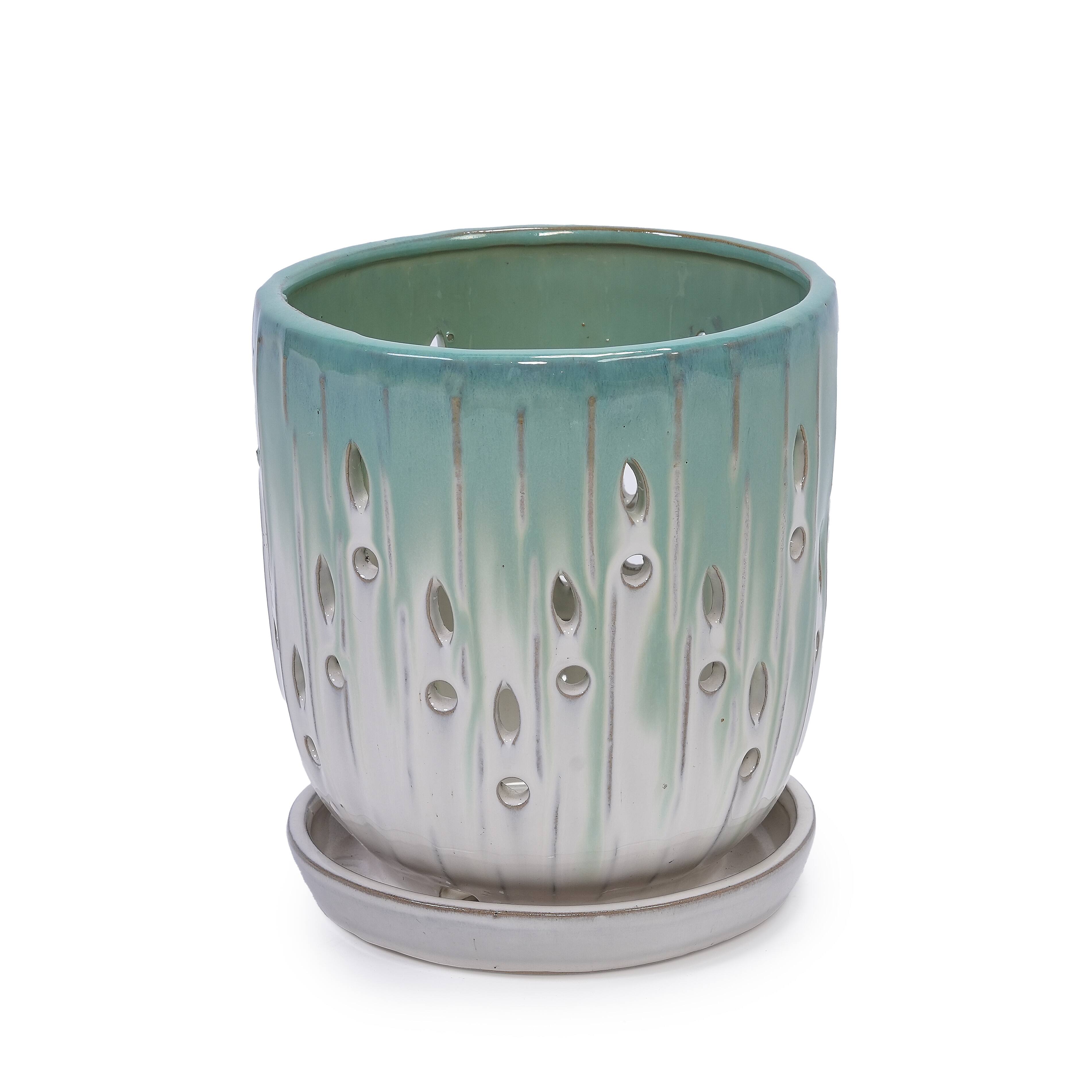 Alt View 6. Loheer - Ceramic Planter Set Loheer Handmade Green White Pots with Drainage Saucers for Orchids Succulents Indoor Outdoor.