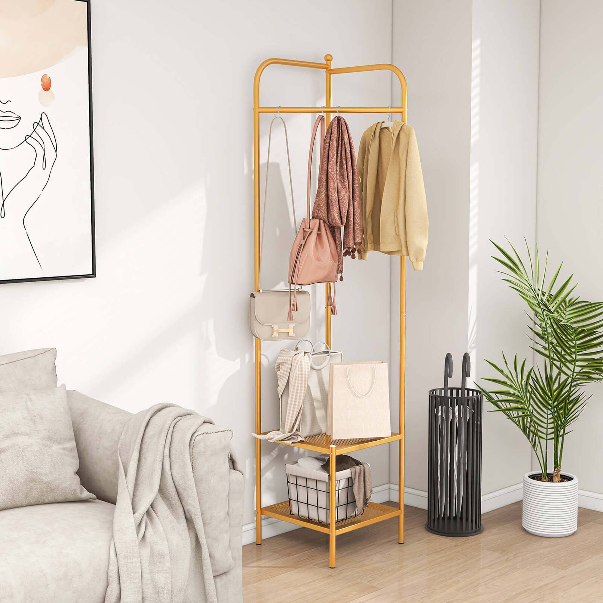 Alt View 4. Costway - Costway Corner Coat Rack with Shelves Freestanding Hall Tree with Top Hanger Golden - Golden.