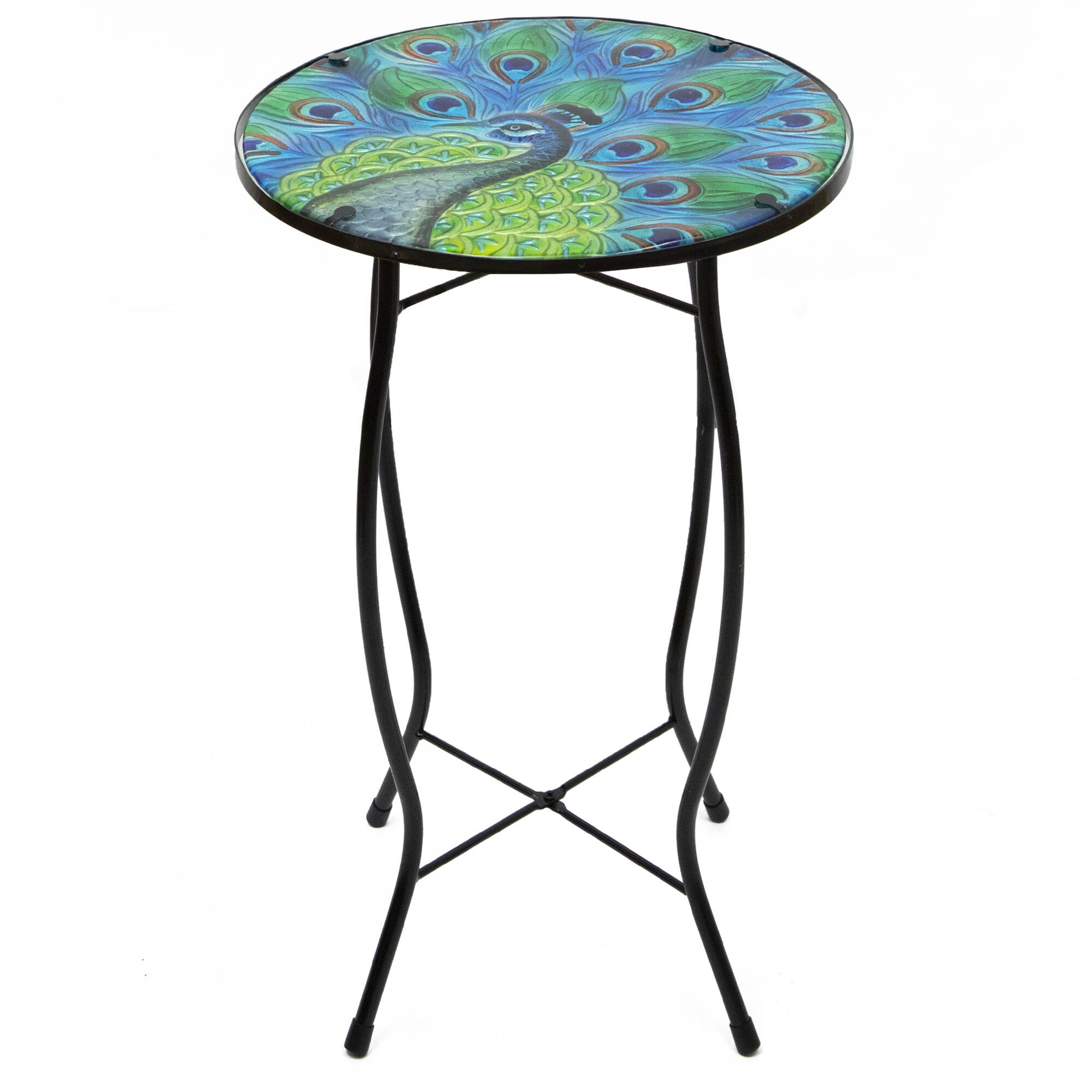 Northlight - 19" and Green Peacock Glass Patio Side Table - Blue