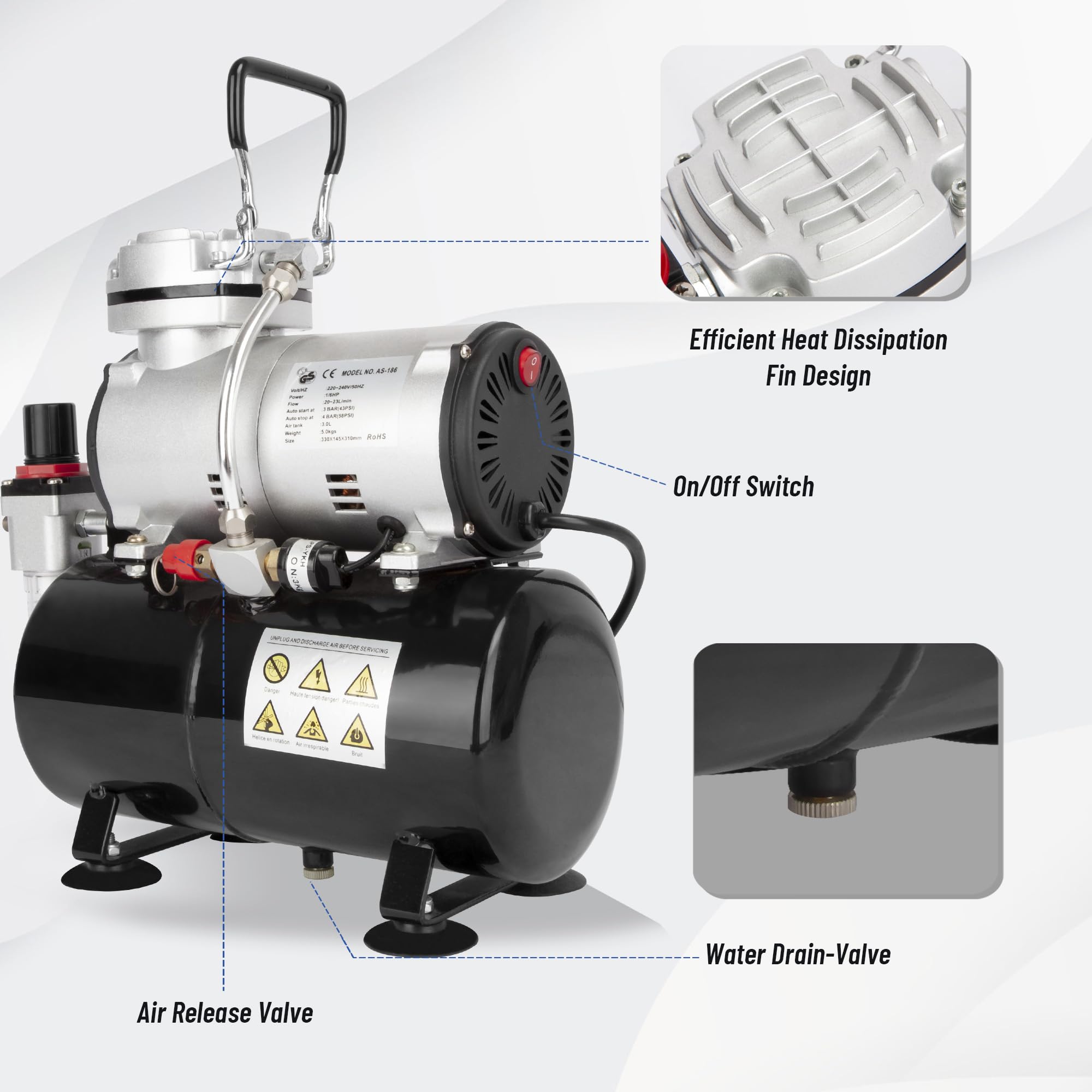 - Efficient Heat Dissipation Fin Design
- On/Off Switch
- Air Release Valve
- Water Drain-Valve