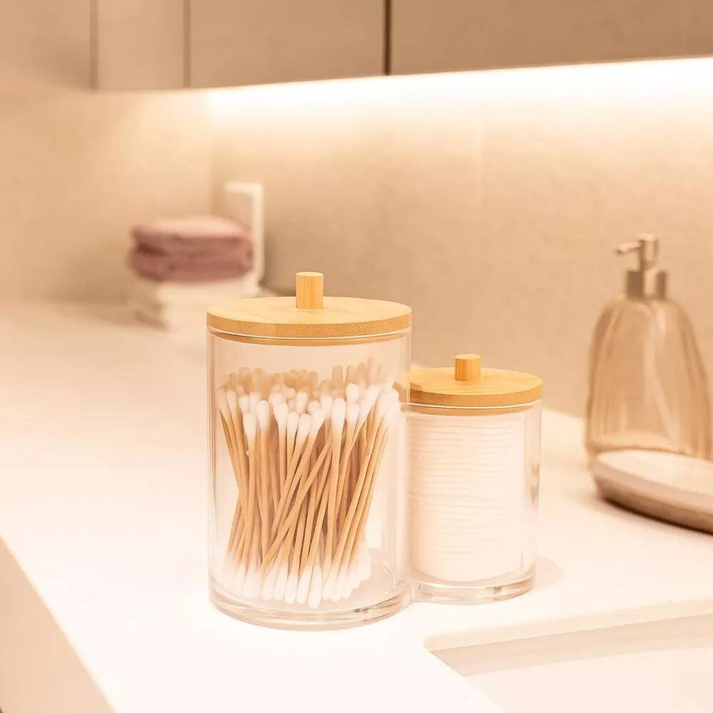 Angle. Elle - 2 Section Acrylic Cotton Swab & Makeup Organizer with Bamboo Lid, Compact Nonslip Bathroom Countertop Vanity Storage - Clear/Natural Bamboo.