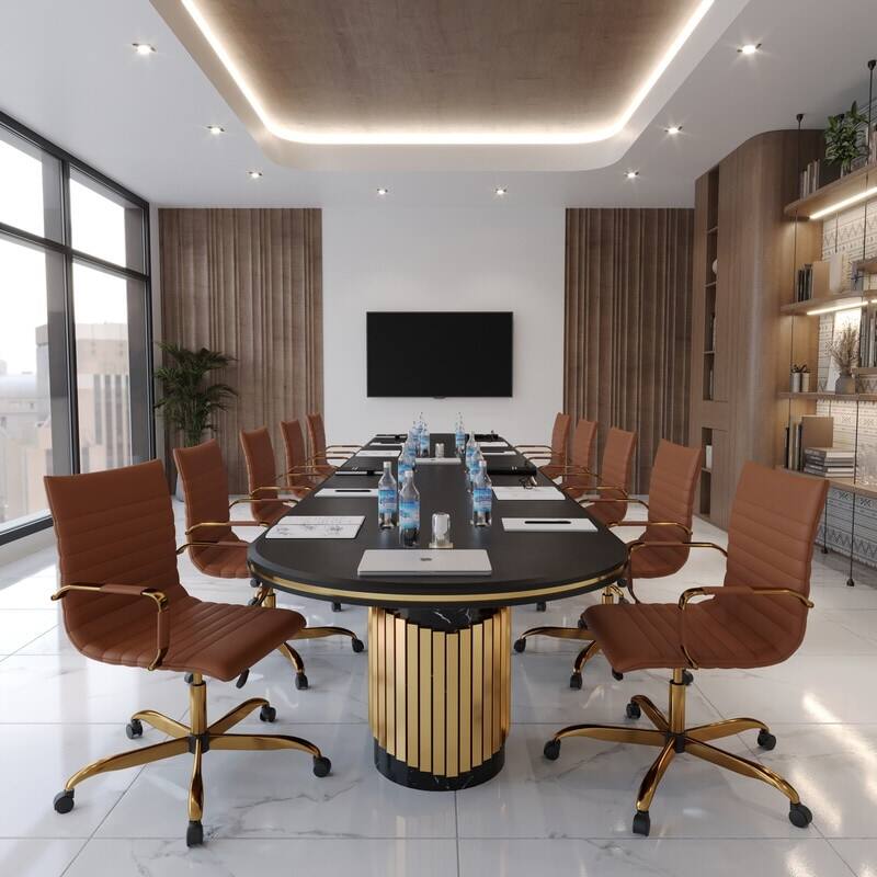 Left. LeisureMod - Harris Mid-Back Office Chair, Leather Upholstery with Gold Metal Frame Modern Armless Desk Chair for Conference Seating - Light Brown.