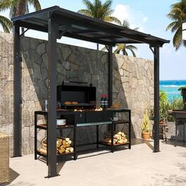 Yardgrace - 8'x 5' Outdoor Wall Mounted Lean-to Gazebo, Heavy Duty Sloped Roof Metal Awning for Patio, Decks & Backyard - Black