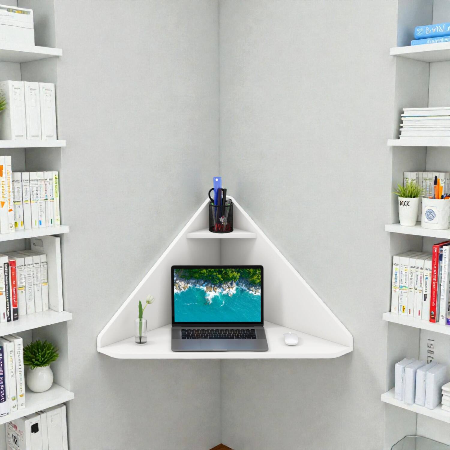 Hivvago - Space-Saving Floating Corner Workstation with Storage Compartment - White